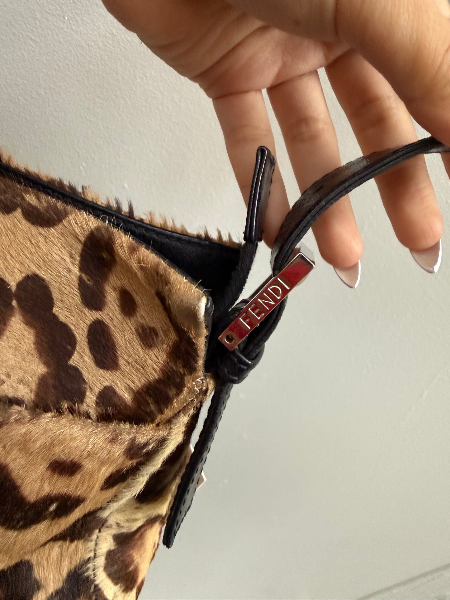 Fendi Y2K Leopard Pony Hair Zip Baguette Shoulder Bag
