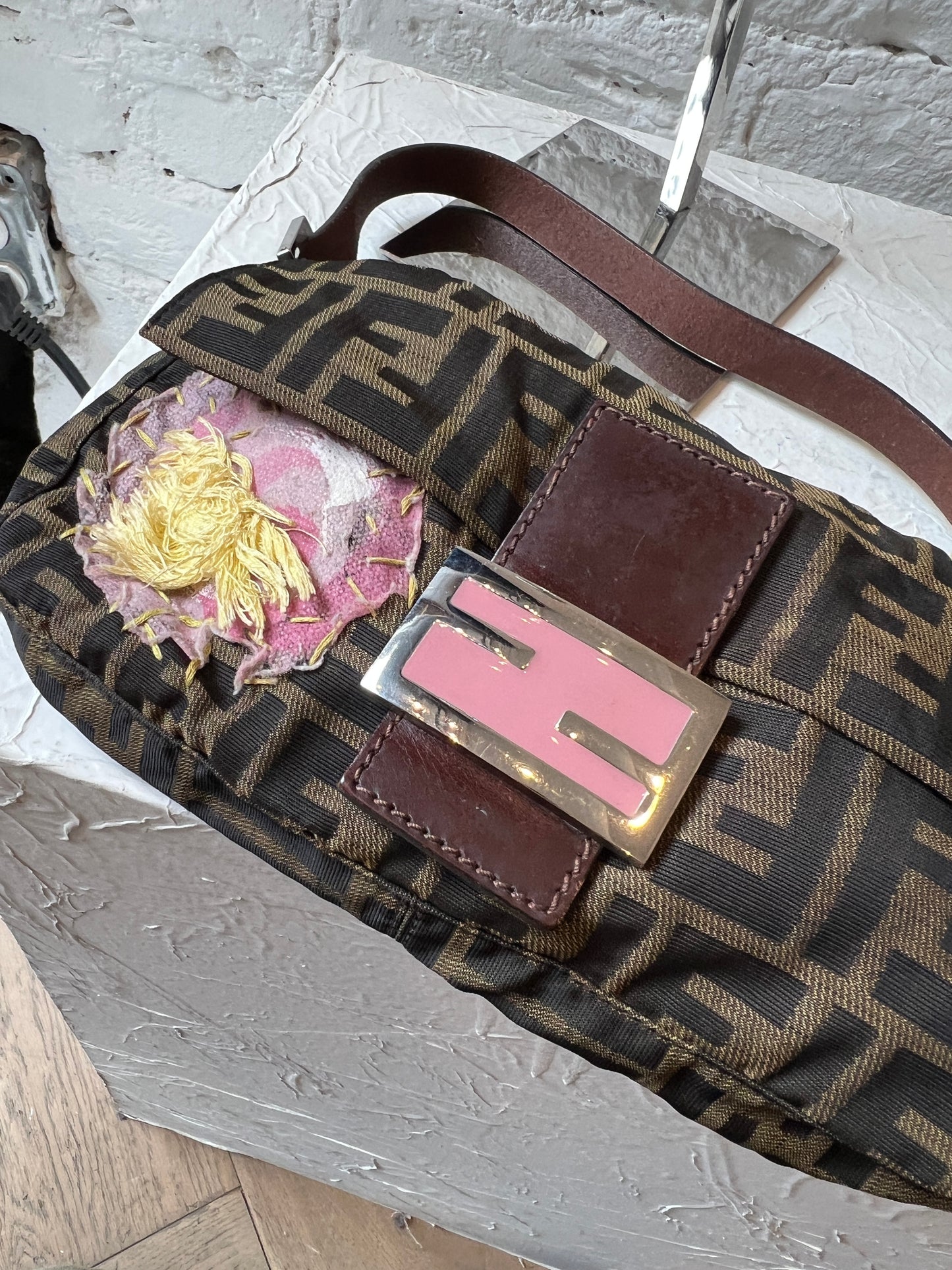 Fendi Baguette Zucca w/ Pink/Yellow Embroidery