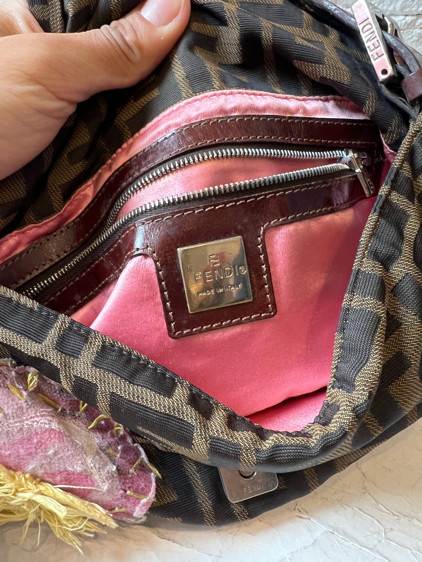 Fendi Baguette Zucca w/ Pink/Yellow Embroidery