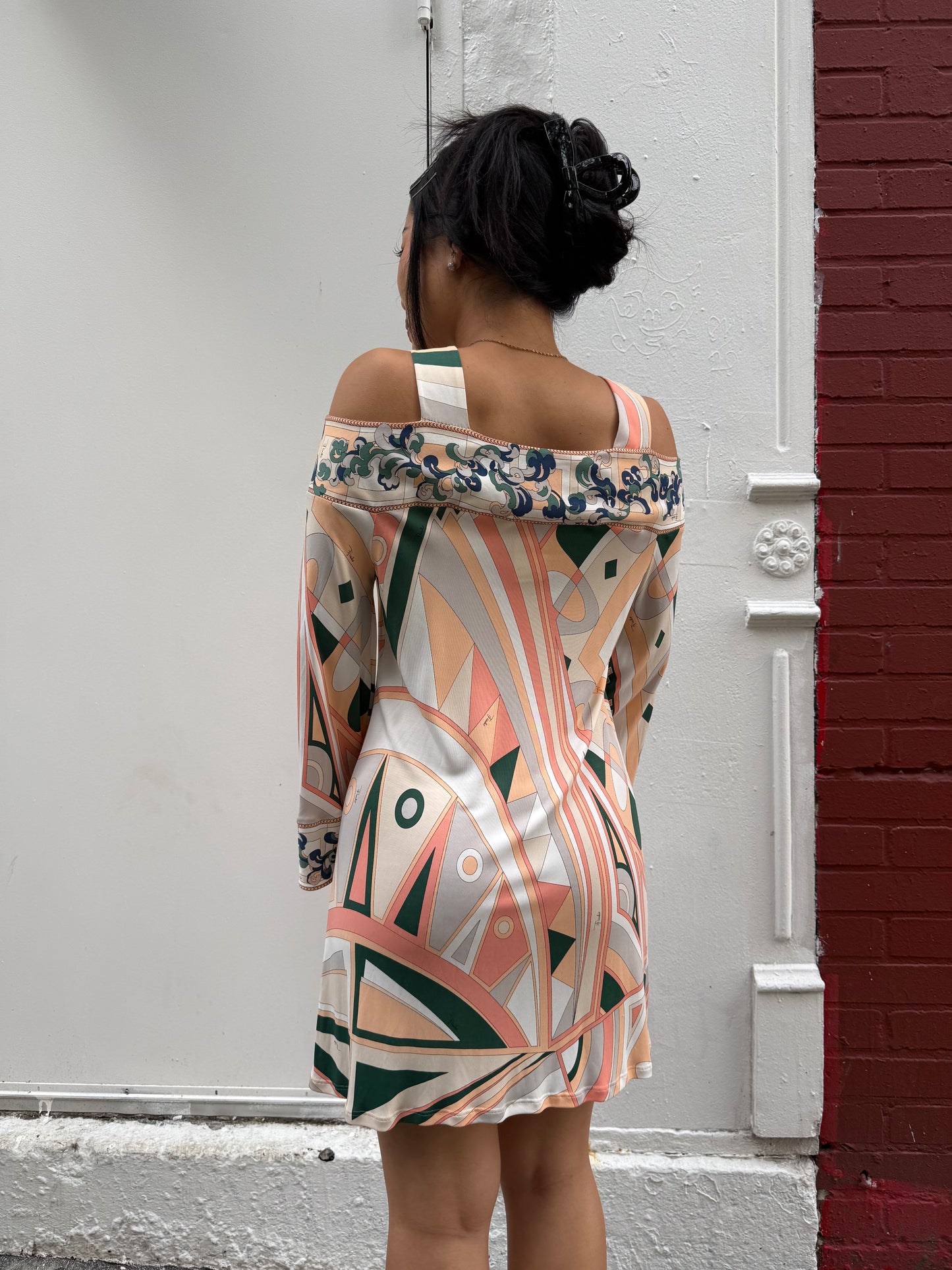 Emilio Pucci Y2K Peach & Forest Green Multicolor Cutout Shoulder Print Dress