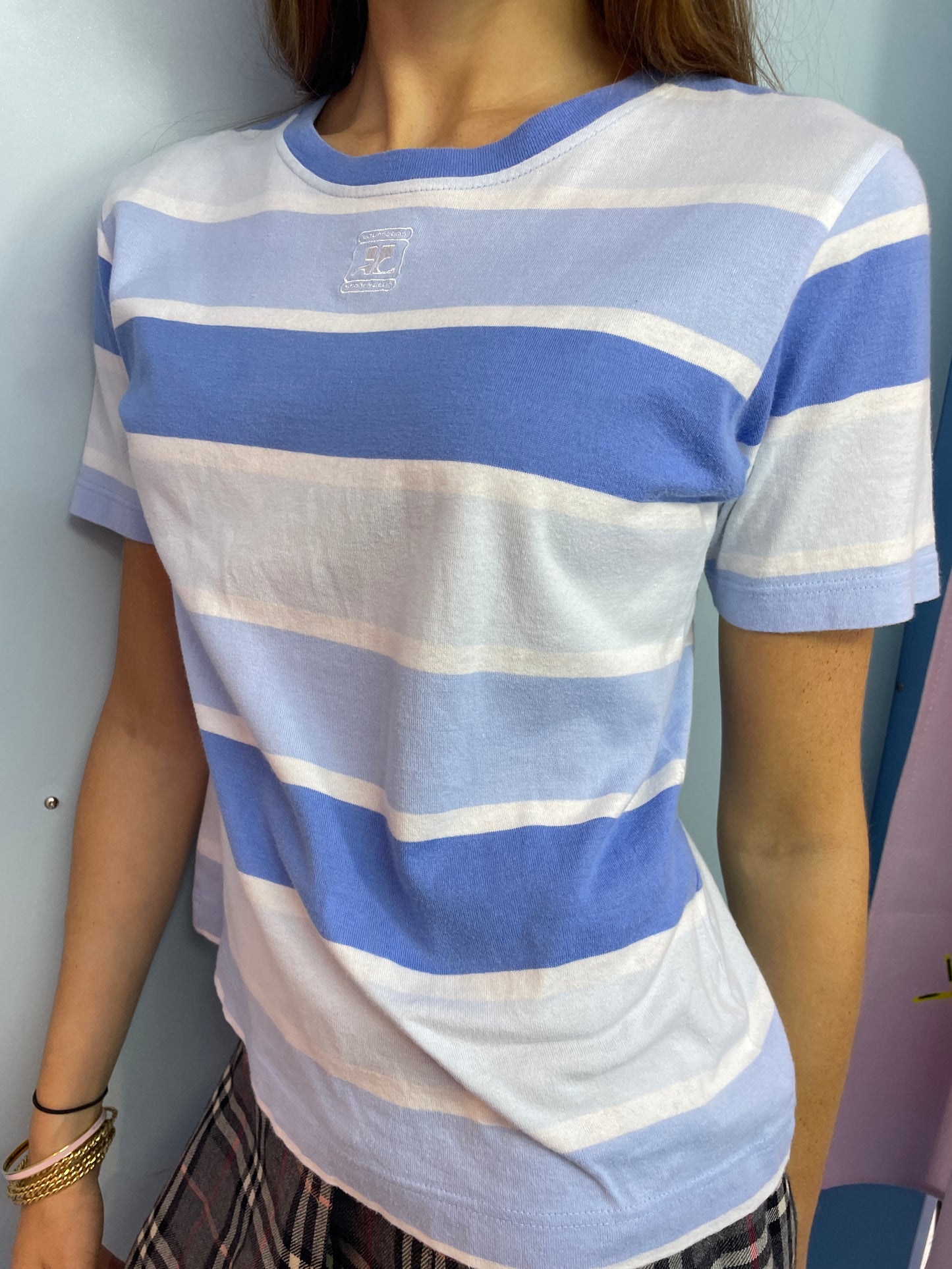 Courrèges Vintage Striped T-Shirt in White and Blue