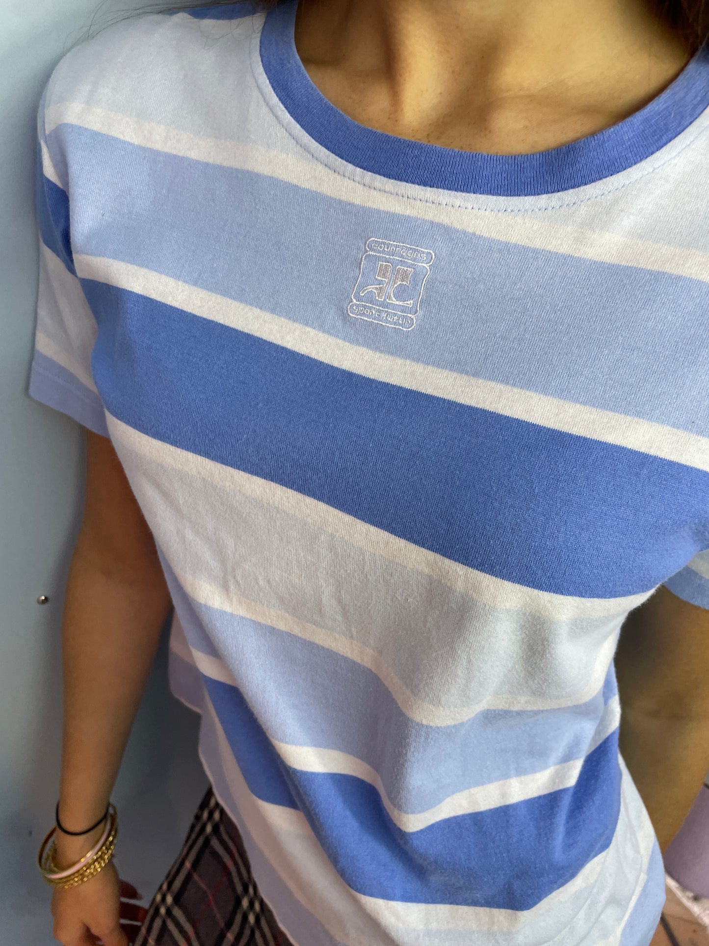 Courrèges Vintage Striped T-Shirt in White and Blue