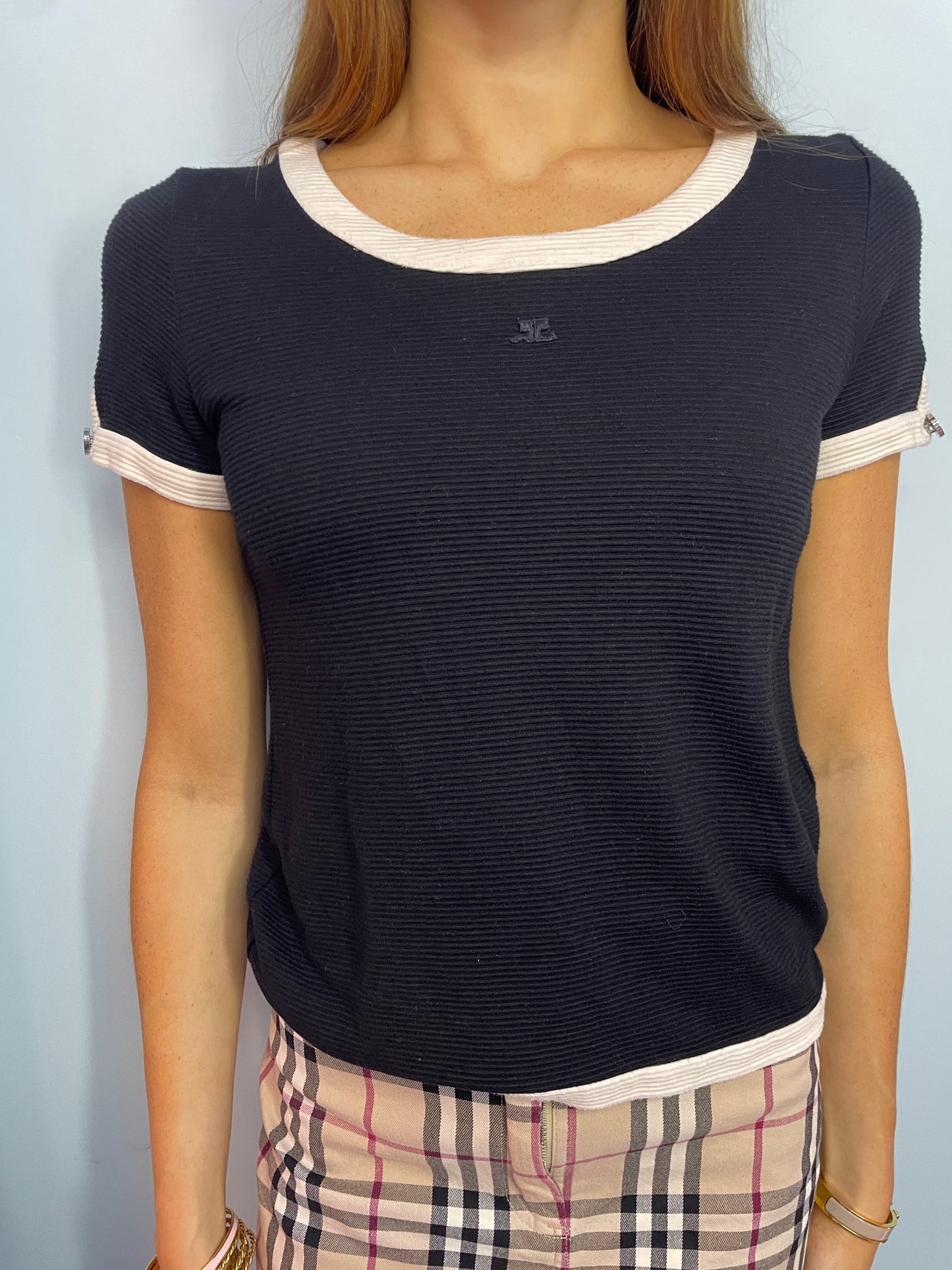 Courrèges Vintage Light Knit Top in Black with White Trim
