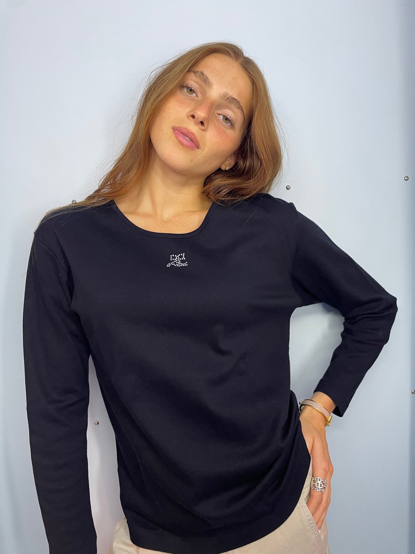 Courrèges Vintage Black Long-Sleeve Top with Rhinestone Logo