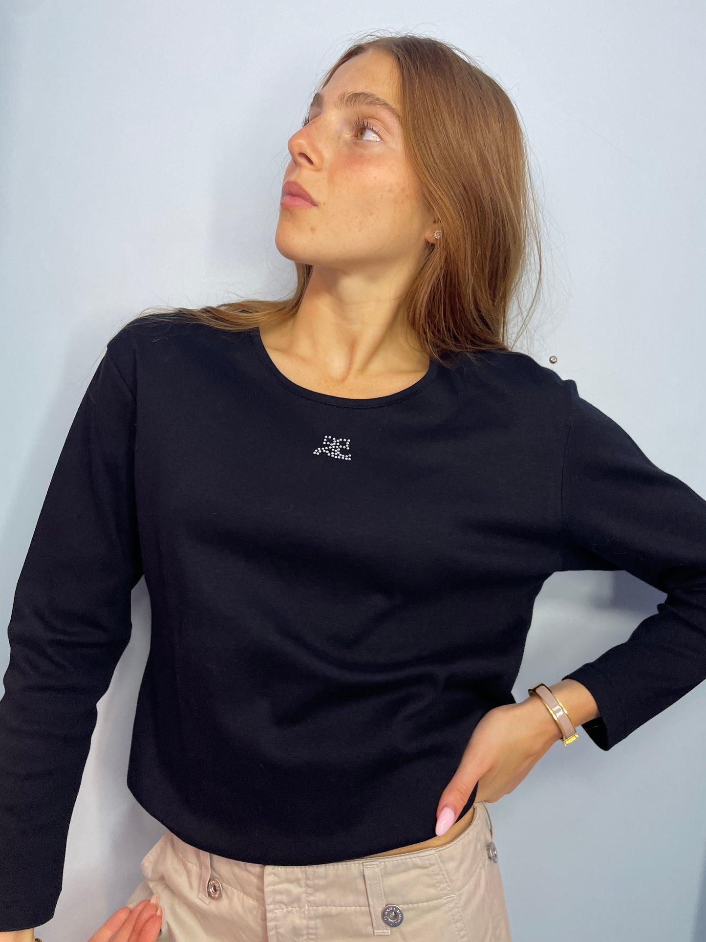 Courrèges Vintage Black Long-Sleeve Top with Rhinestone Logo