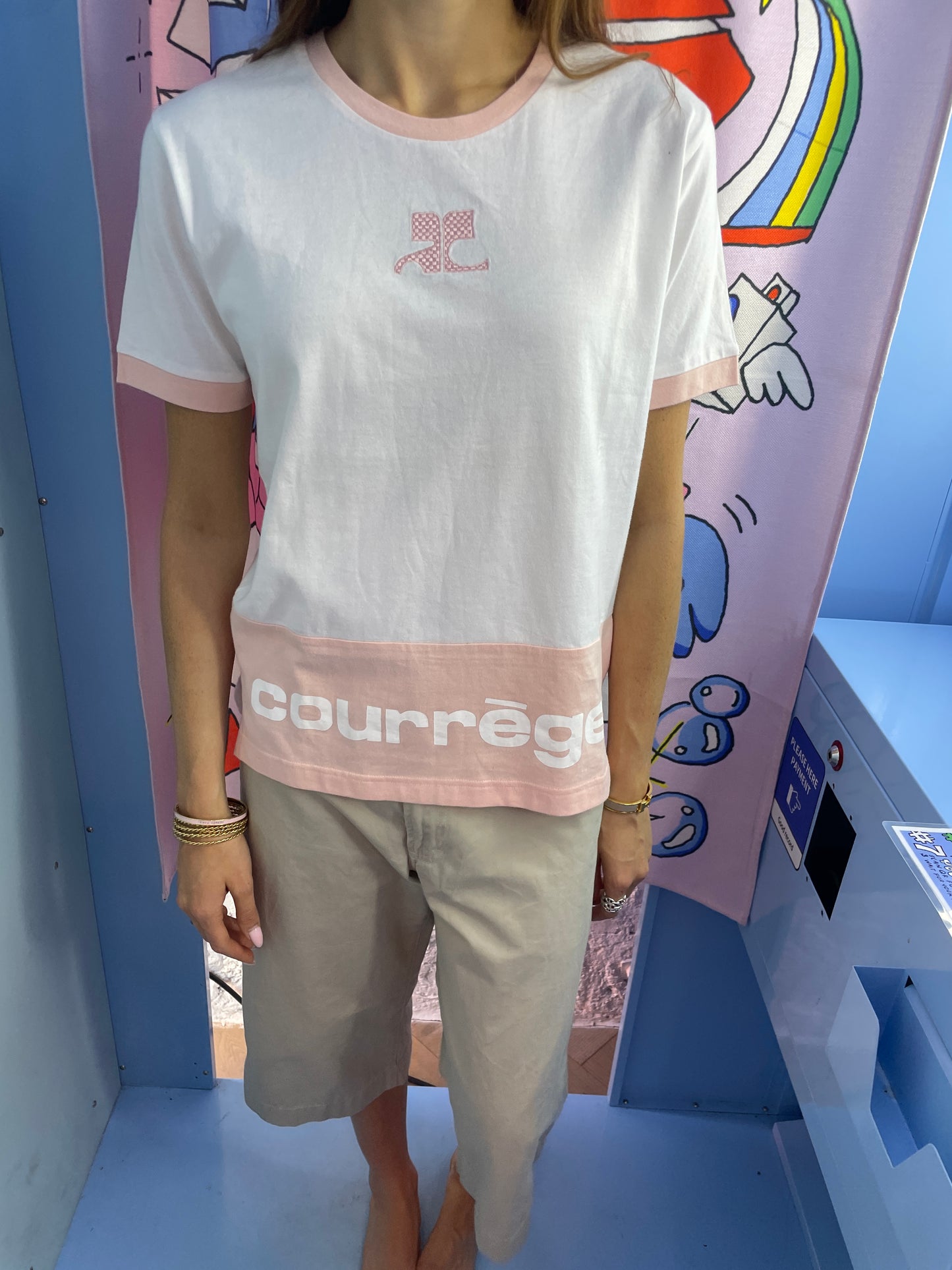Courrèges Vintage White T-Shirt with Peach Pink Trim