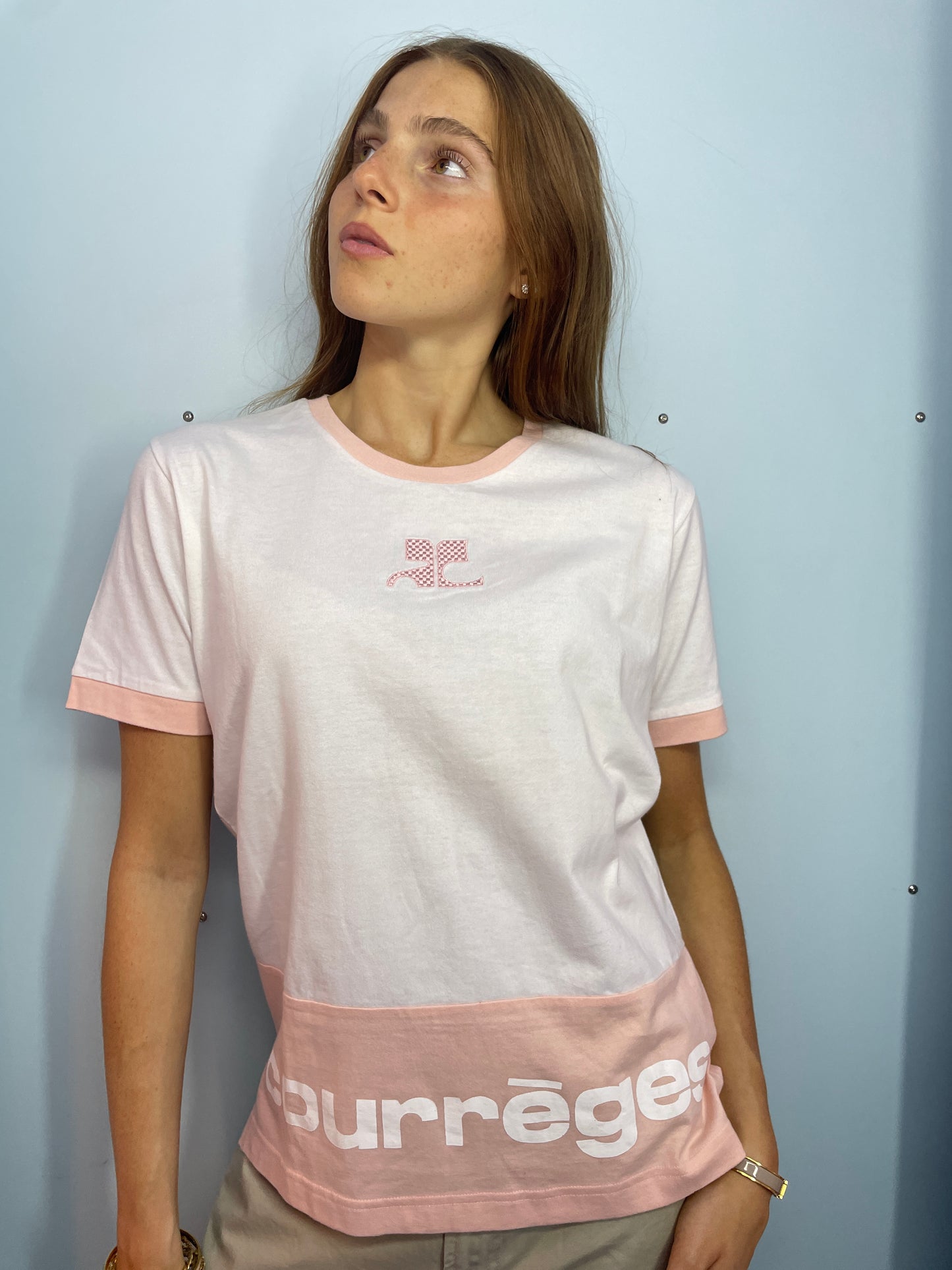 Courrèges Vintage White T-Shirt with Peach Pink Trim