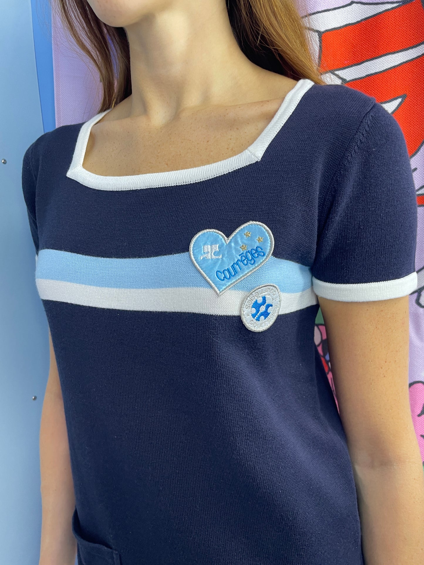Courrèges Vintage Blue Knit Dress with Heart Logo