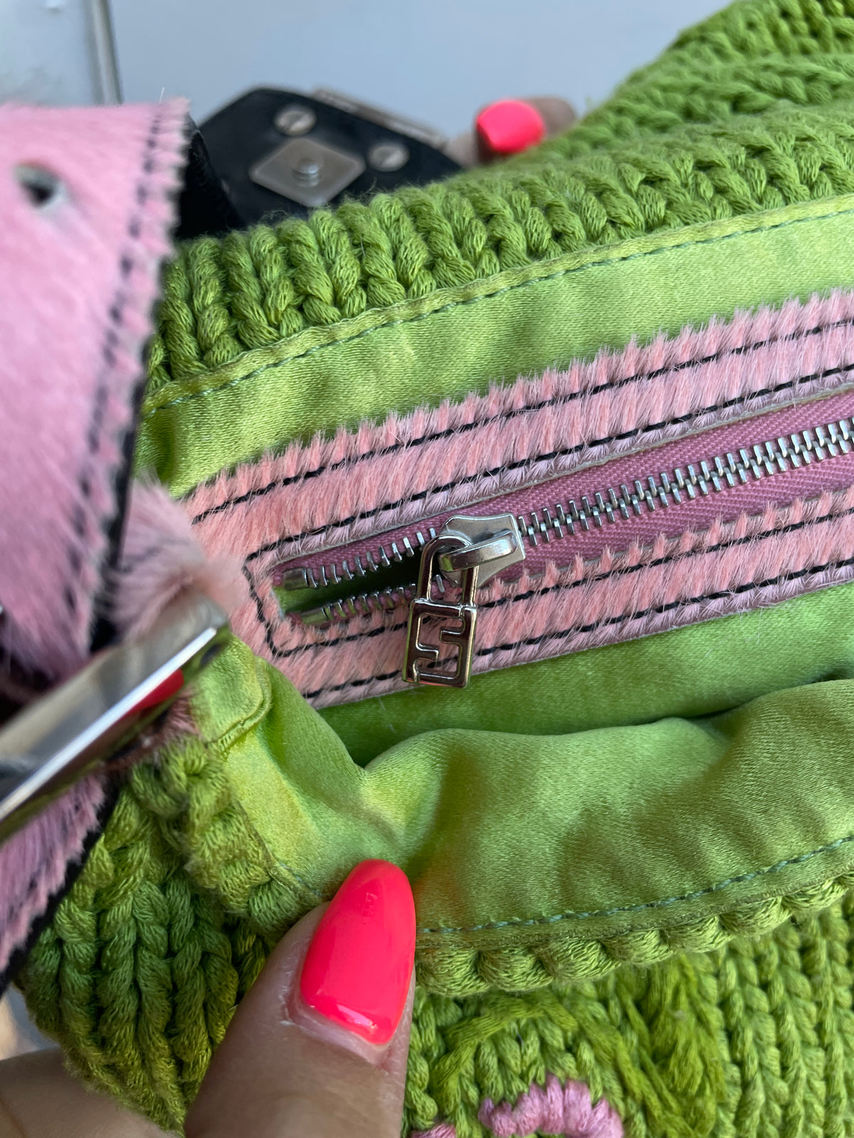Fendi Y2K Green Wool Knit Pink Pony Hair Embroidered Baguette Shoulder Bag