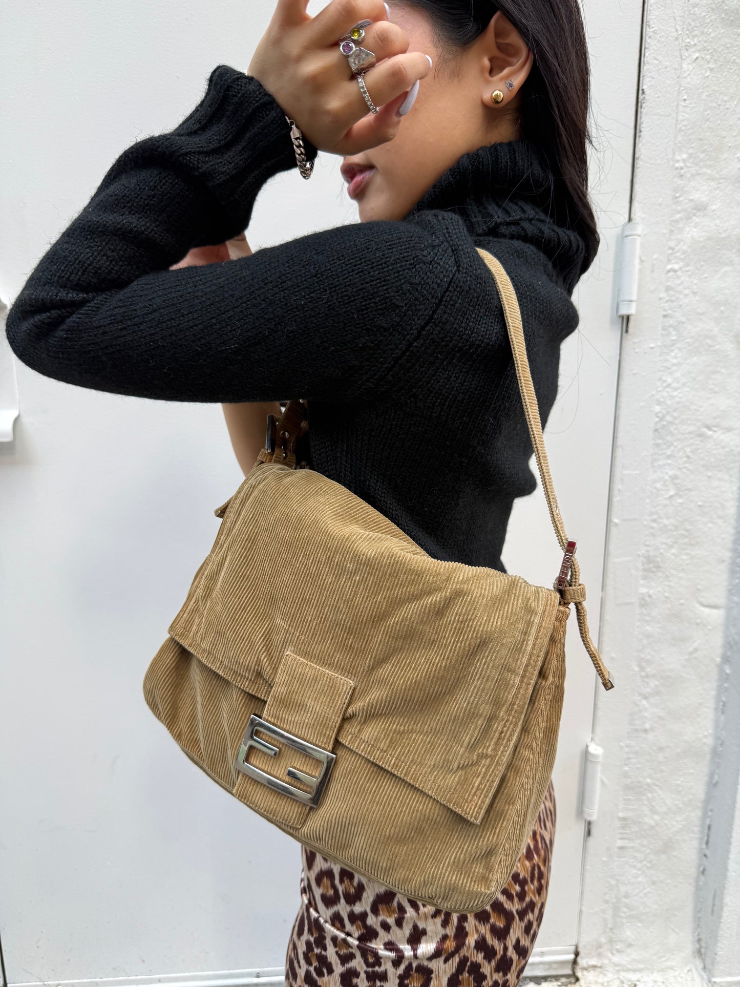 Fendi Y2K Light Brown Corduroy Mamma Baguette Shoulder Bag