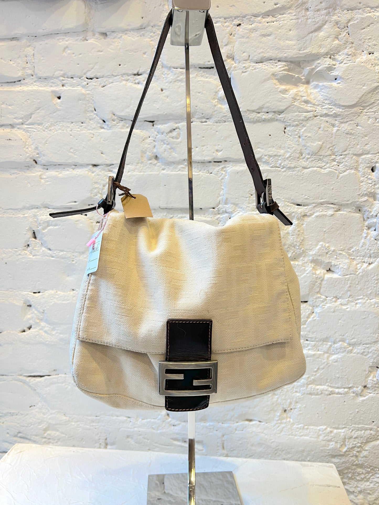 Fendi Mamma Baguette in Cream Off-White Color Zucca Pattern Vintage Designer Bag NYC Japan