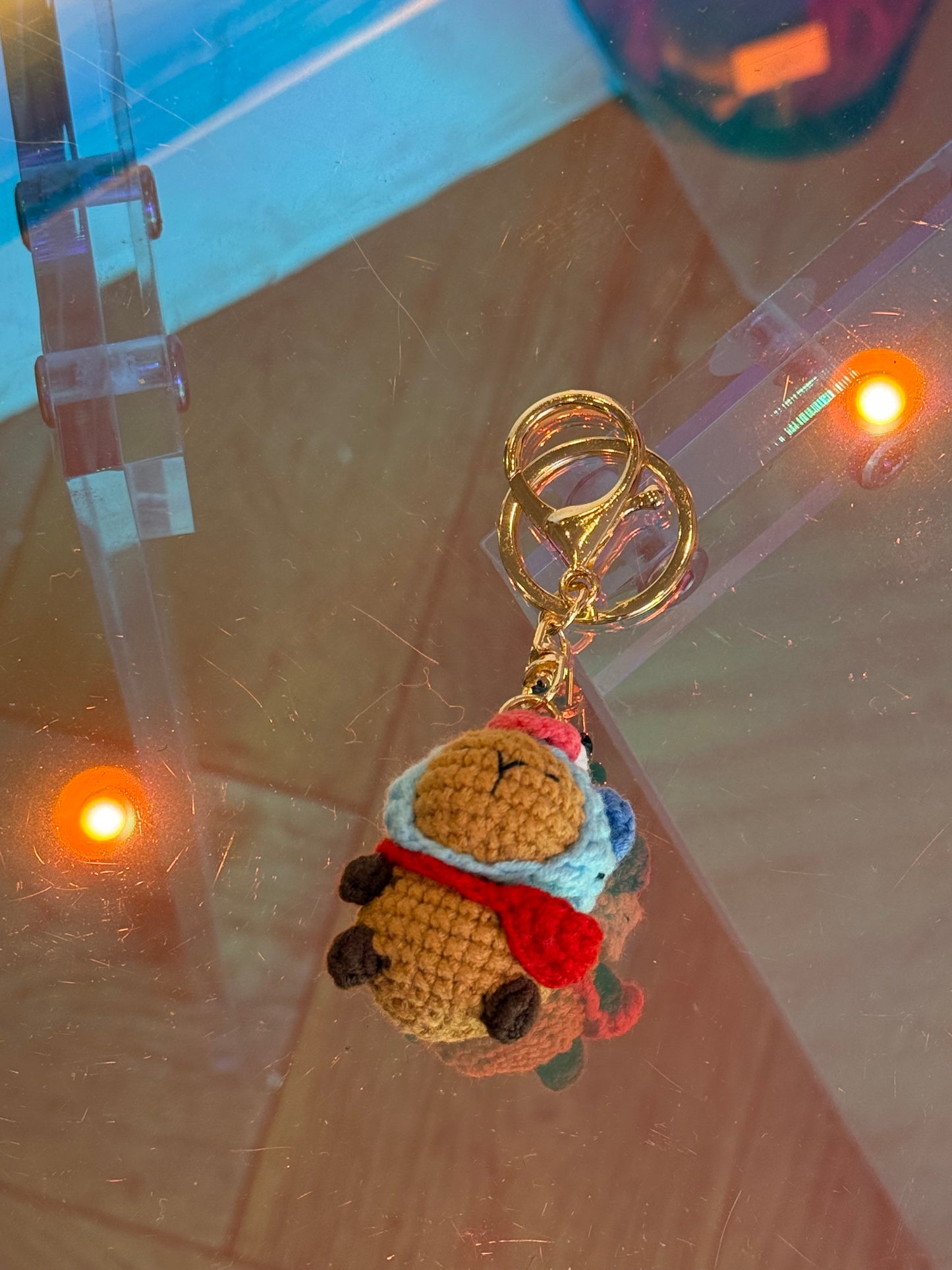 Crochet Capybara with Blue Fish Hat Bag Charm / Keychain