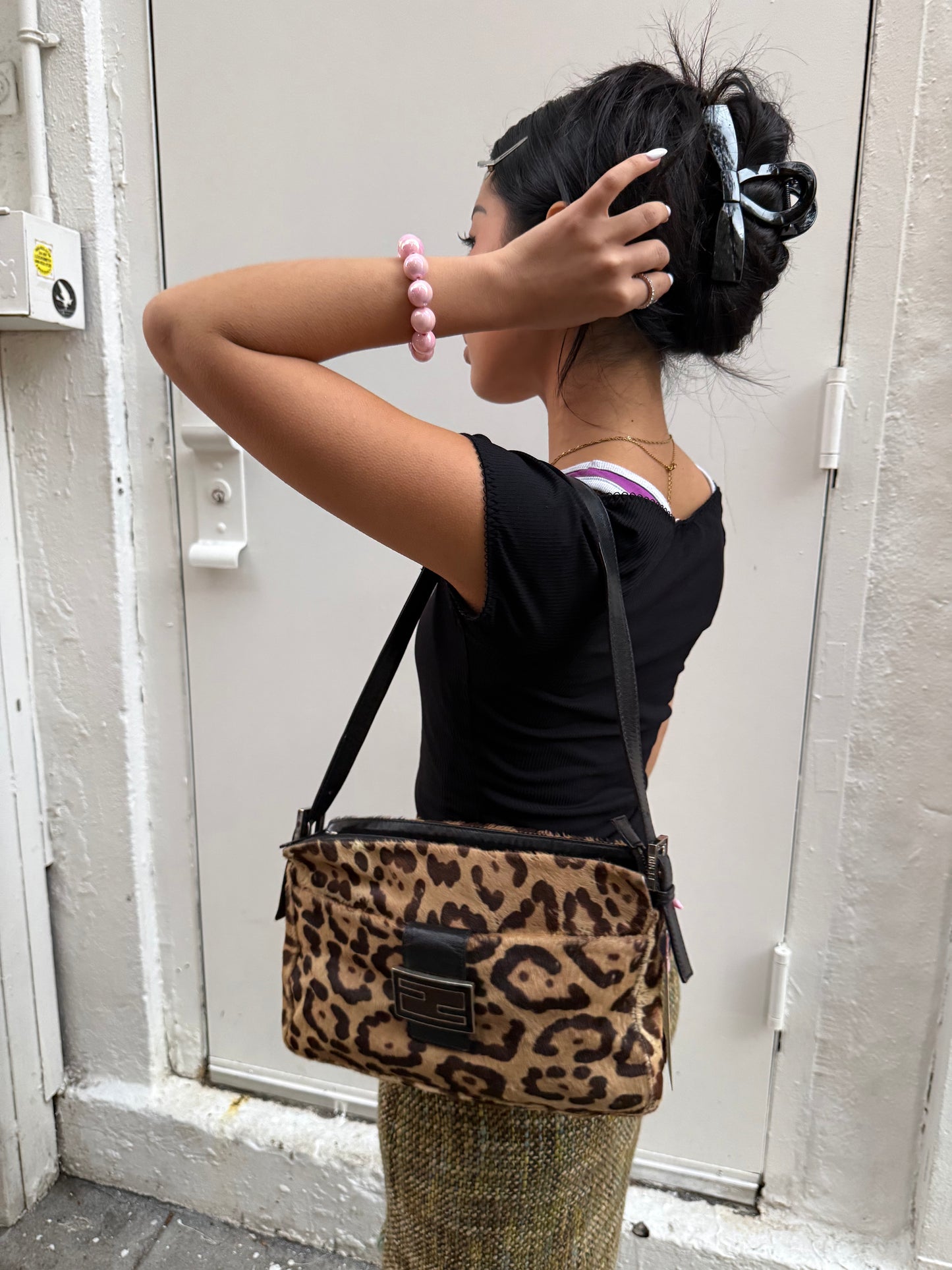 Fendi Y2K Leopard Pony Hair Zip Baguette Shoulder Bag