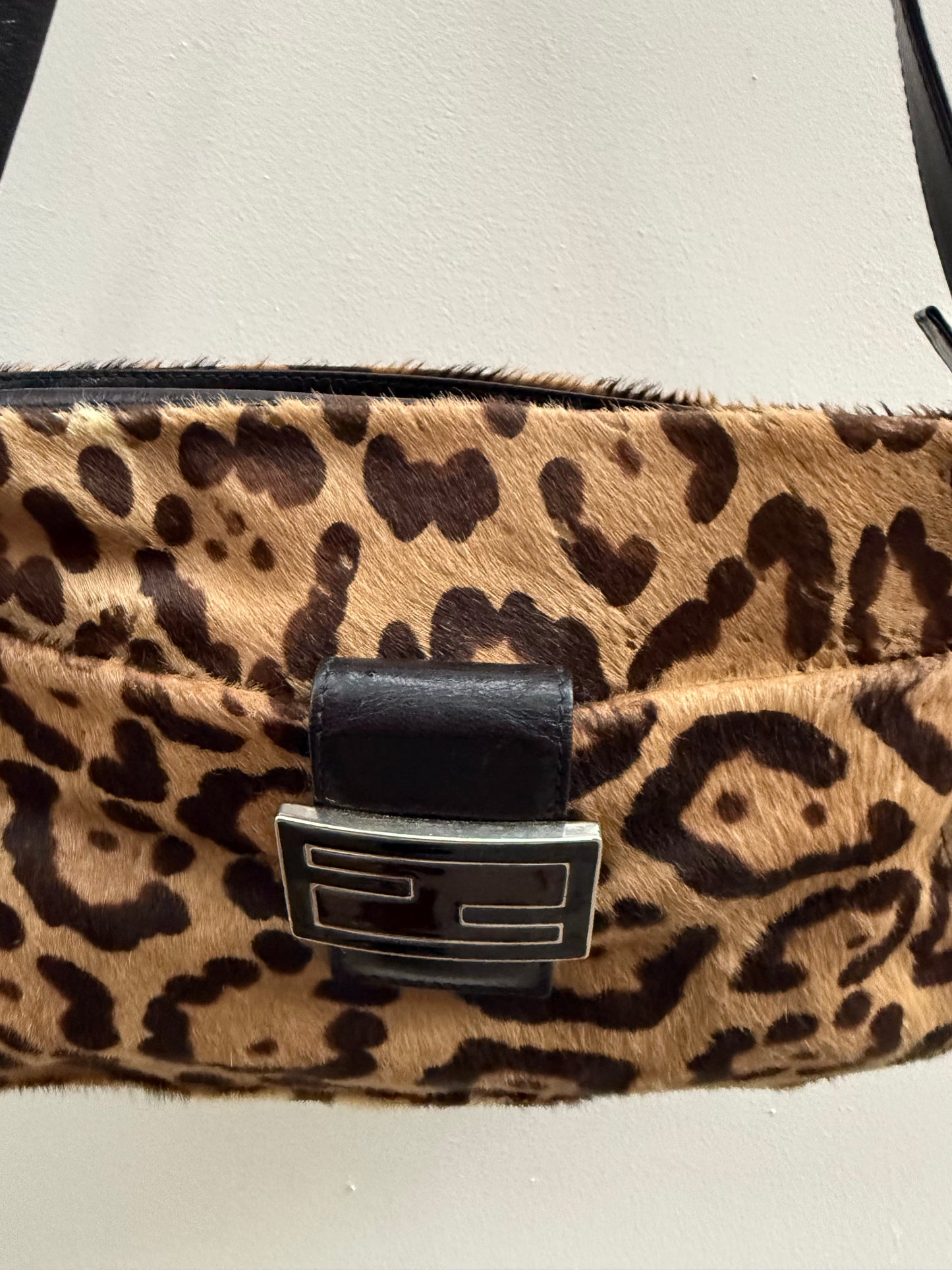 Fendi Y2K Leopard Pony Hair Zip Baguette Shoulder Bag