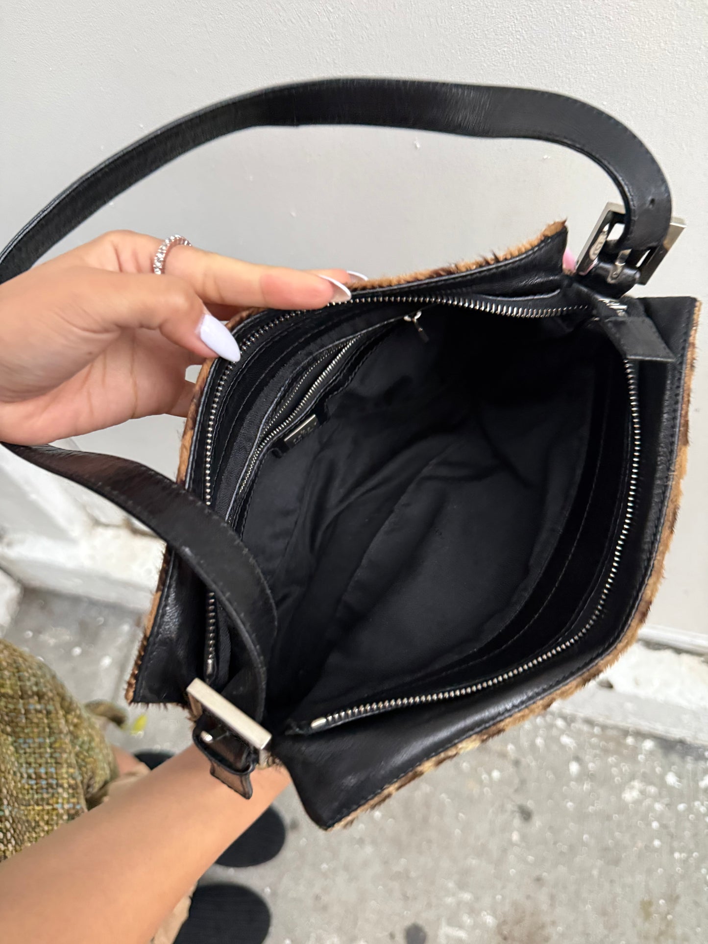 Fendi Y2K Leopard Pony Hair Zip Baguette Shoulder Bag