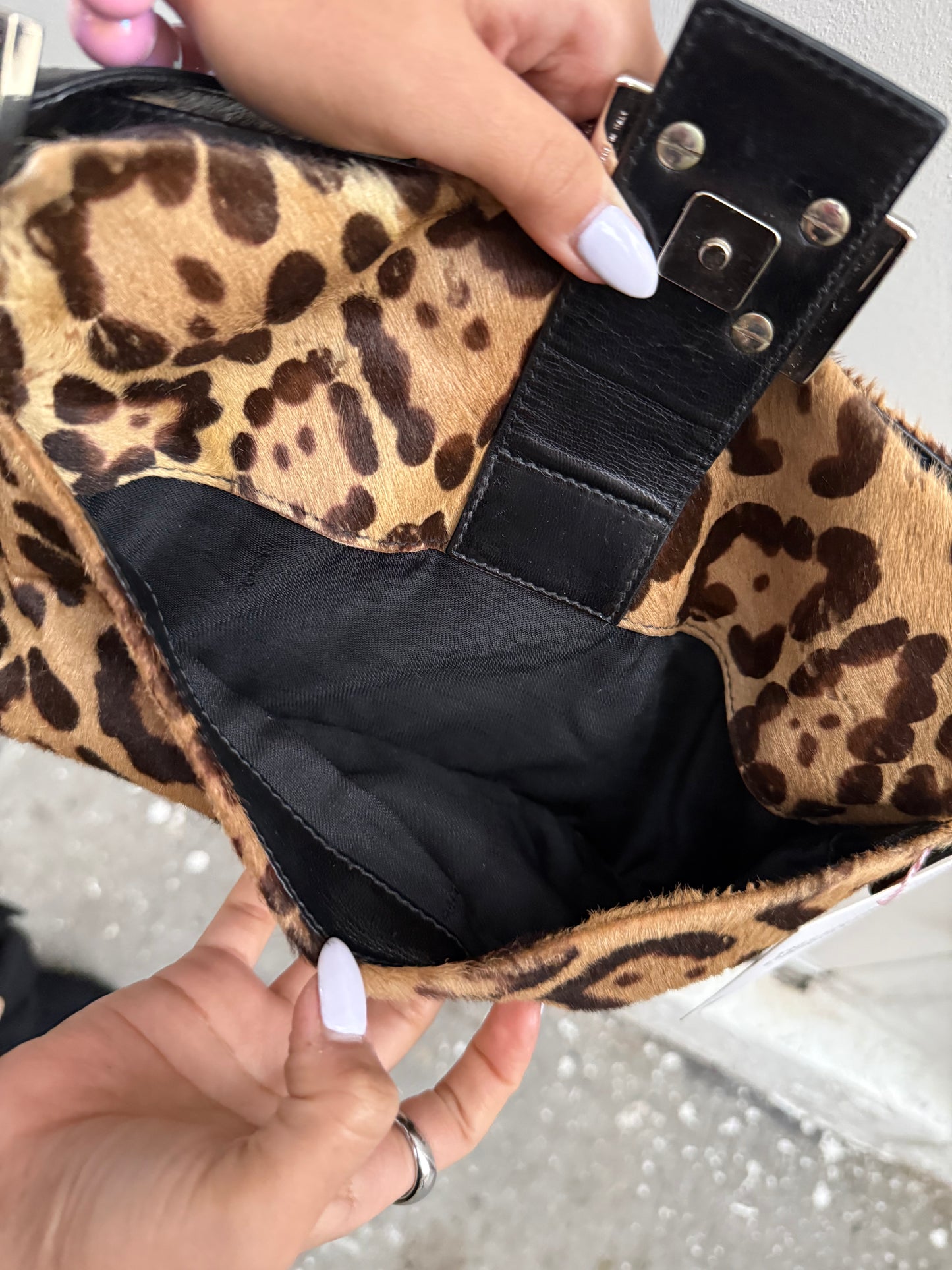 Fendi Y2K Leopard Pony Hair Zip Baguette Shoulder Bag