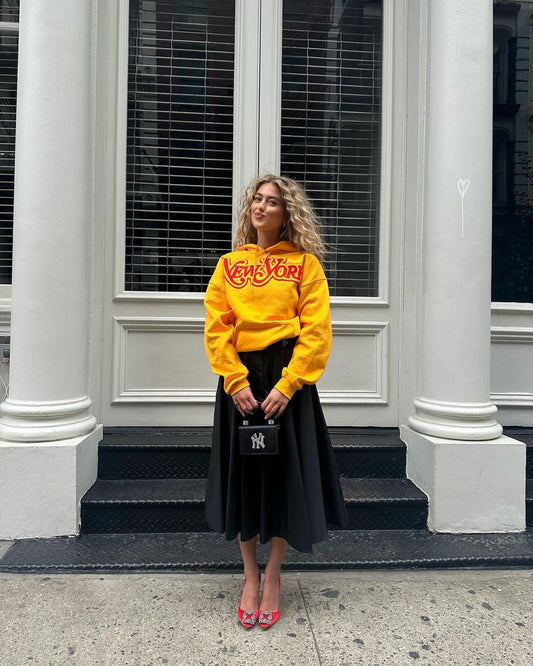 Denmark European influencer Emili Sindlev wears Thirteen Crosby NY New York Yankees hoodie 