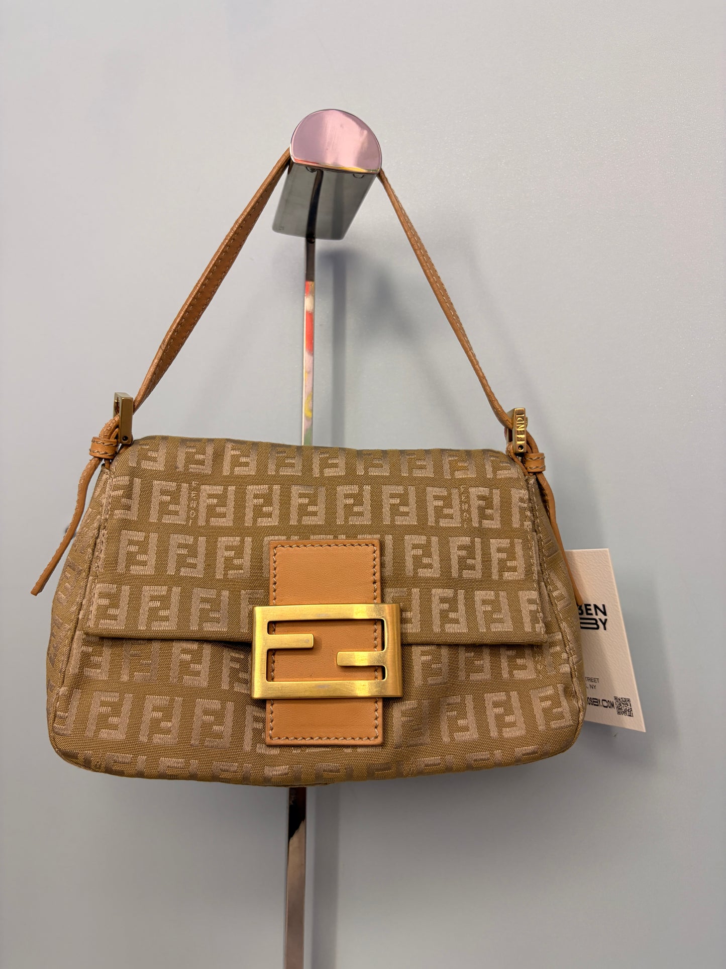 Fendi Mini Mamma Baguette in Tan Zucchino with Leather Accents