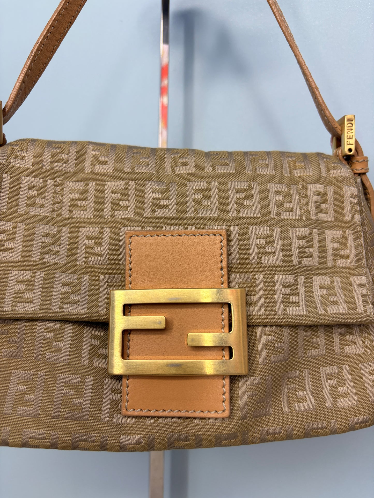 Fendi Mini Mamma Baguette in Tan Zucchino with Leather Accents