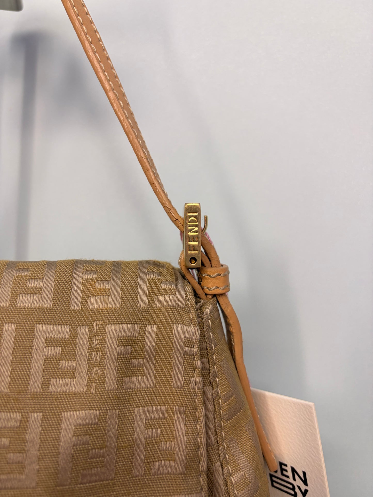 Fendi Mini Mamma Baguette in Tan Zucchino with Leather Accents
