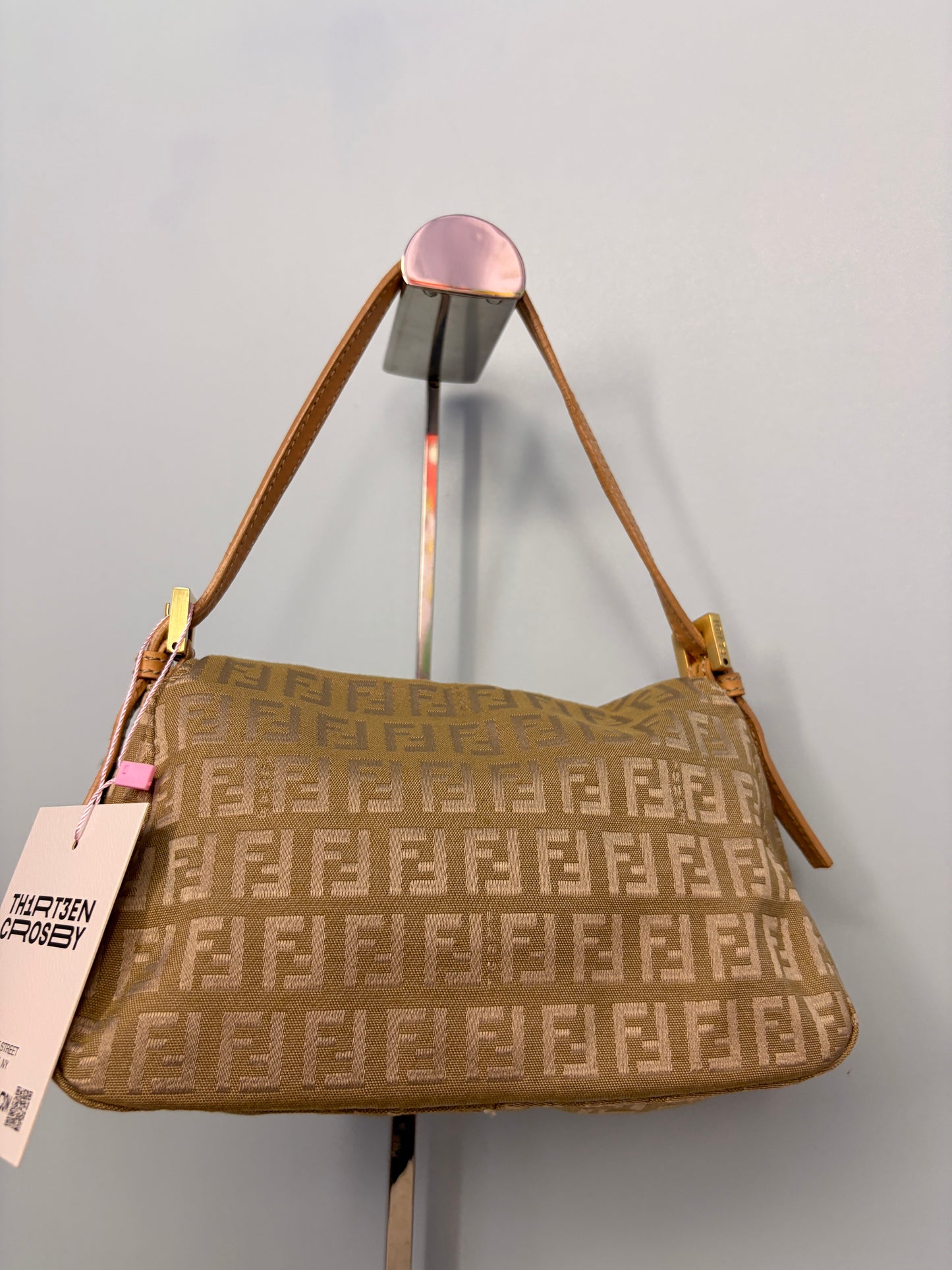 Fendi Mini Mamma Baguette in Tan Zucchino with Leather Accents