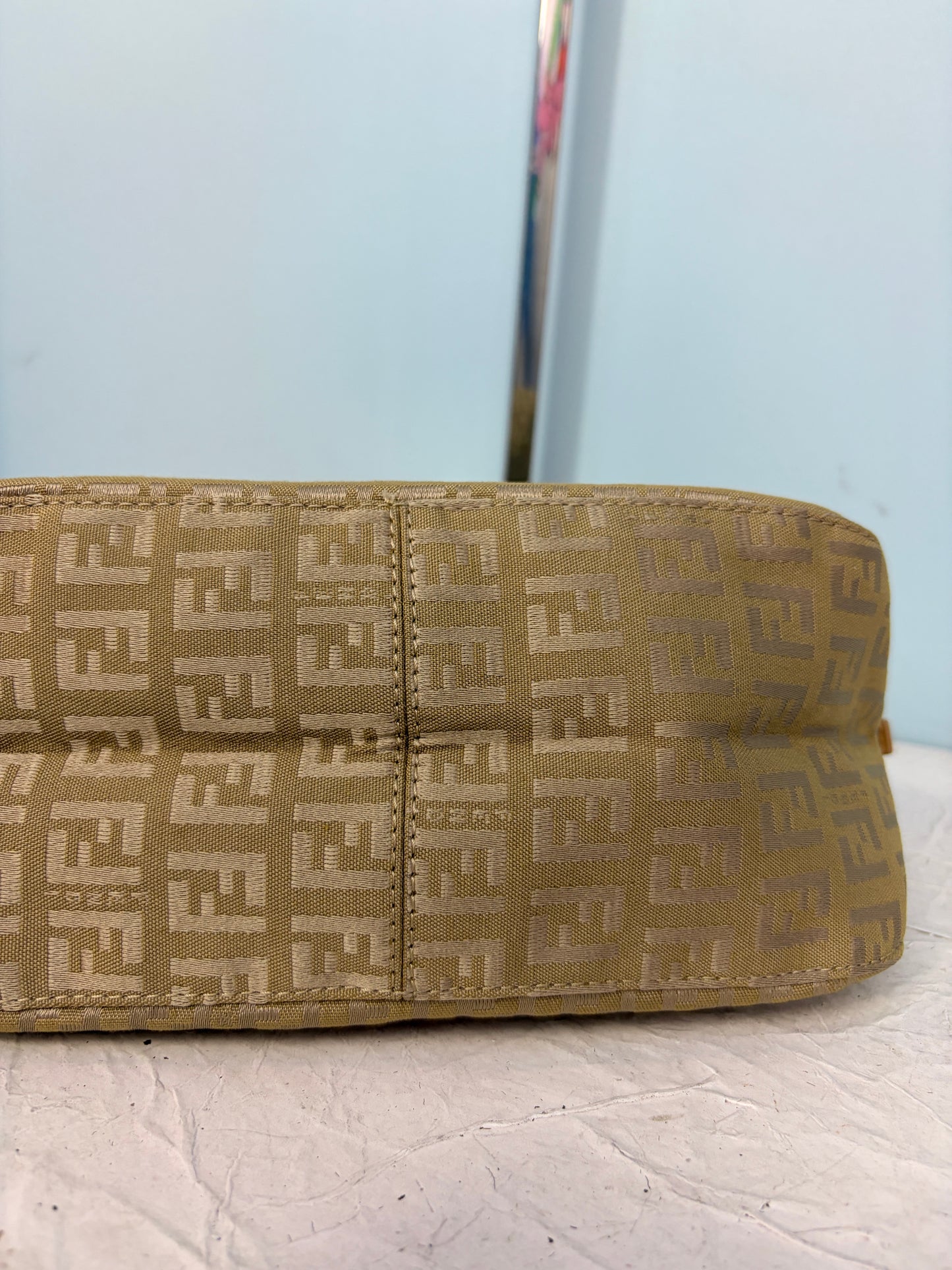 Fendi Mini Mamma Baguette in Tan Zucchino with Leather Accents