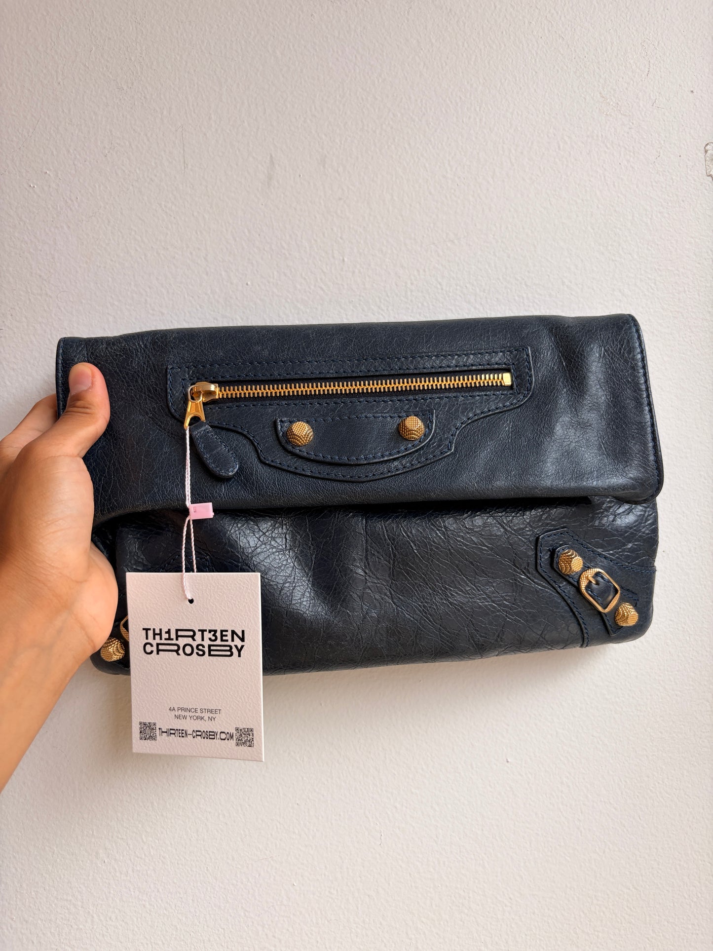 Balenciaga Navy Moto Envelope Crossbody Clutch