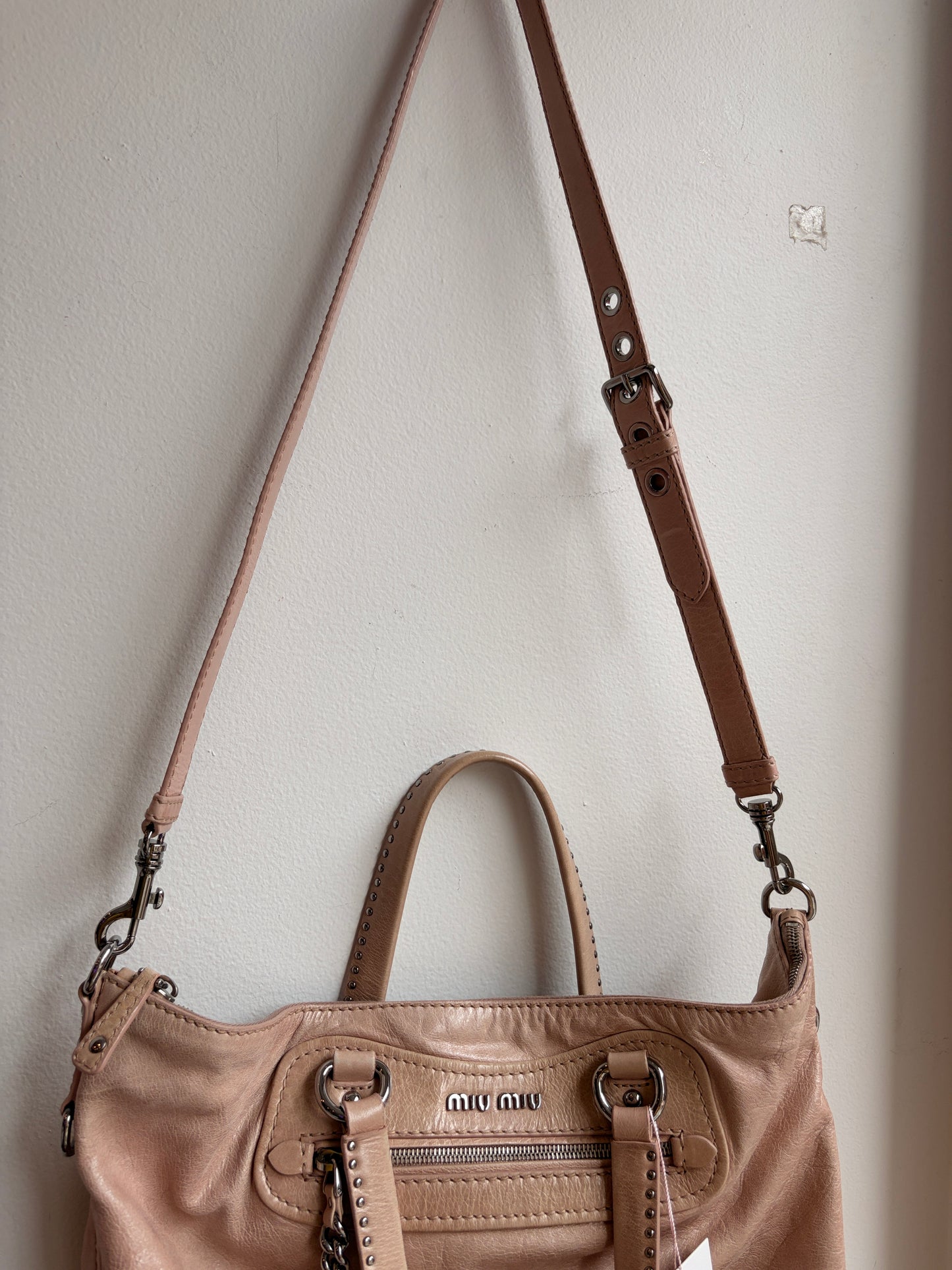 Miu Miu Beige and Pink Leather Two-Strap Shoulder Bag