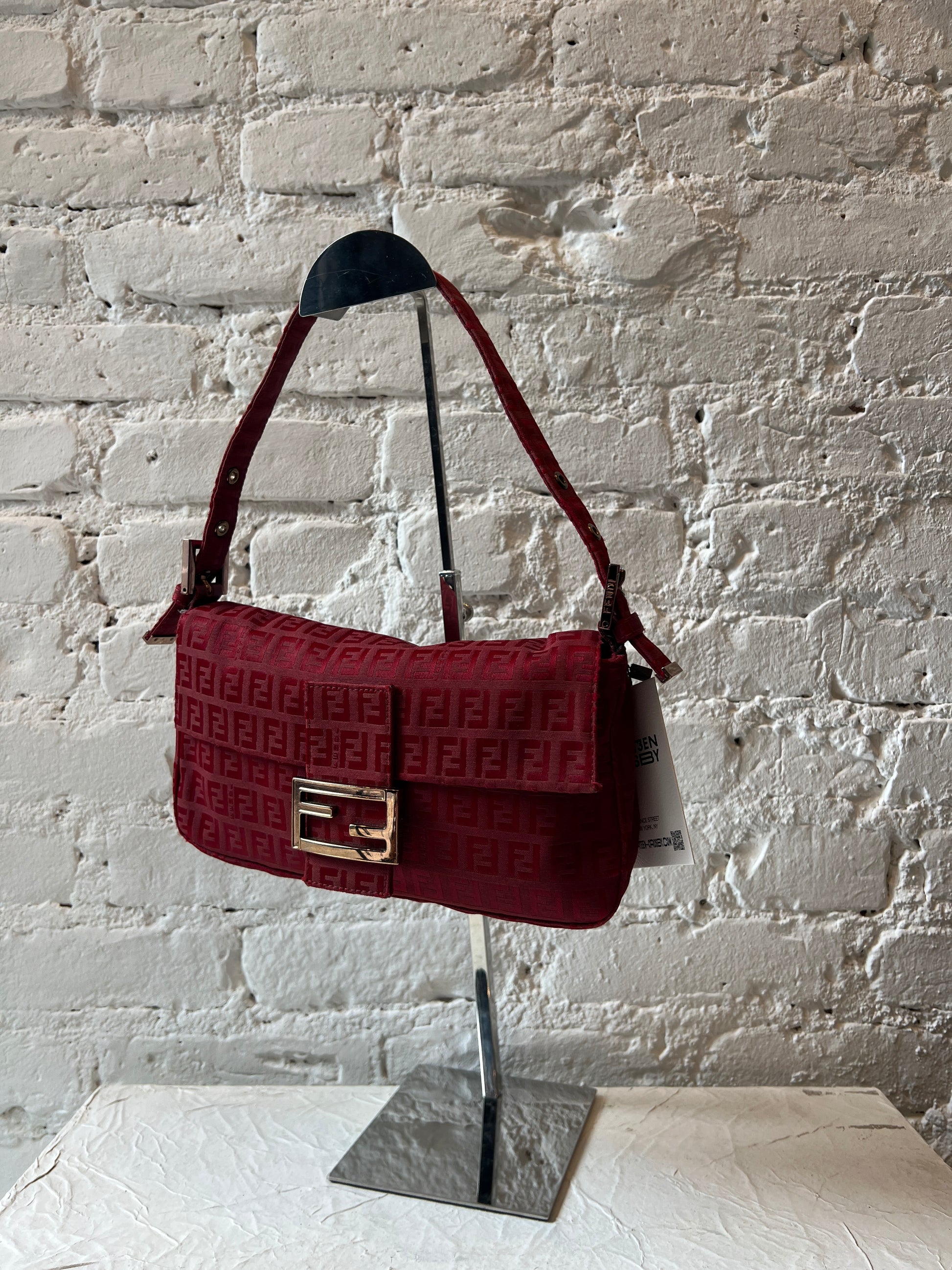 Fendi Zucchino Red Baguette Vintage NYC Japan Silver Hardware Rare 