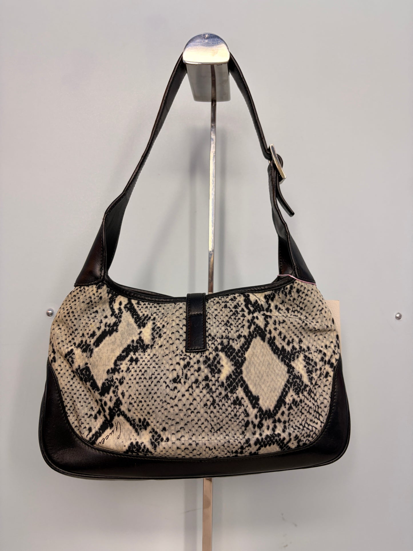 Gucci Jackie Bag in Black Leather and Snakeskin Print Canvas