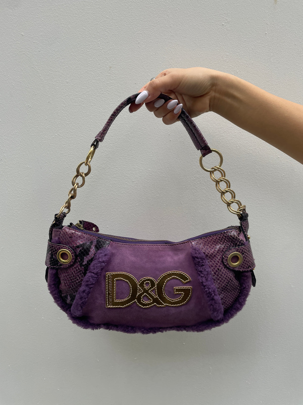 D&G Y2K Purple Shearling Gold Logo Shoulder Bag