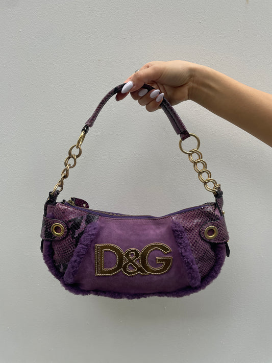 D&G Y2K Purple Shearling Gold Logo Shoulder Bag