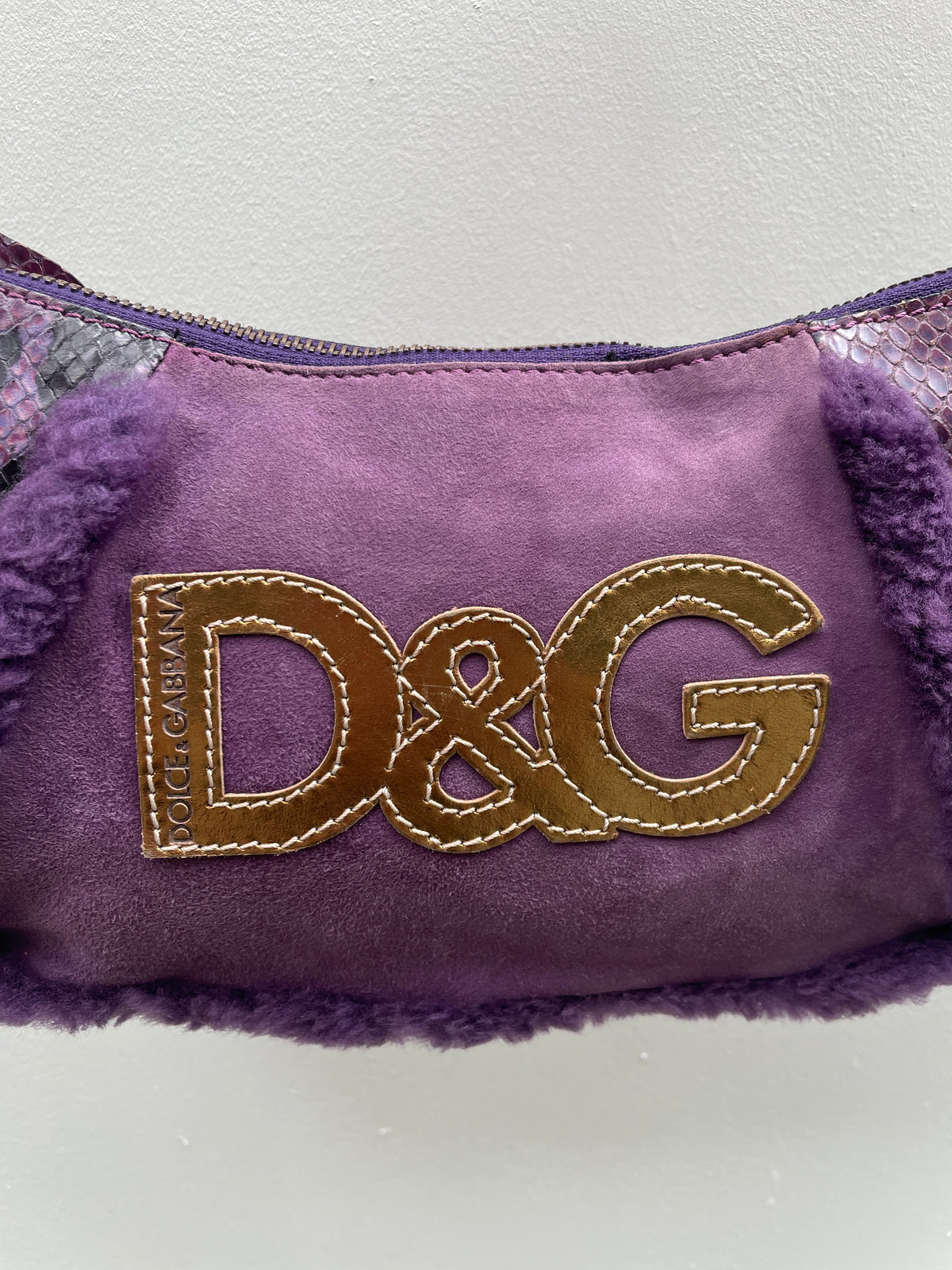 D&G Y2K Purple Shearling Gold Logo Shoulder Bag