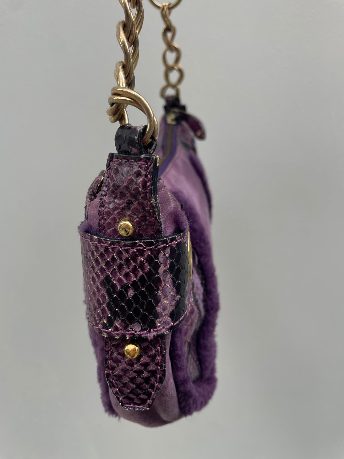 D&G Y2K Purple Shearling Gold Logo Shoulder Bag