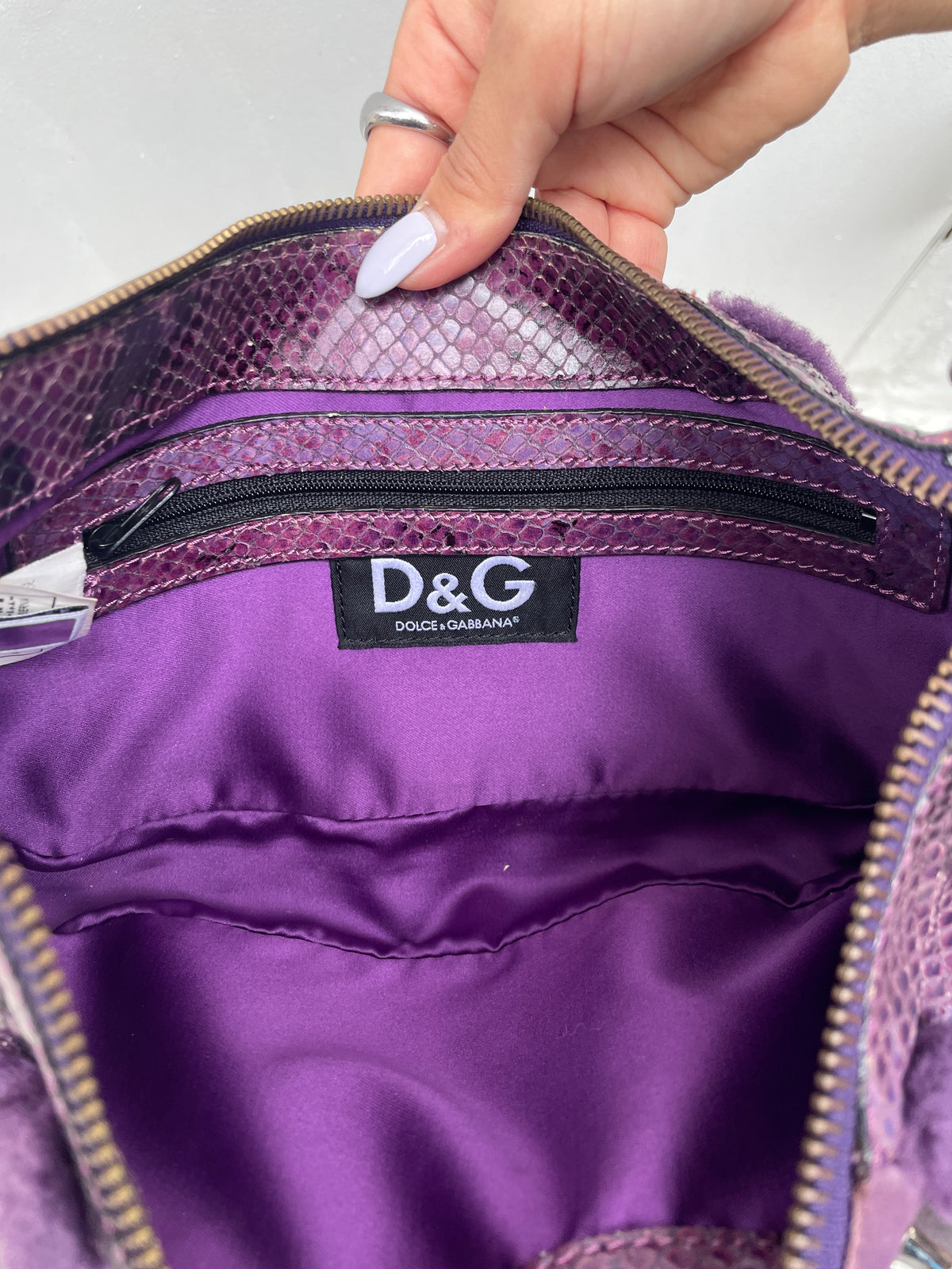 D&G Y2K Purple Shearling Gold Logo Shoulder Bag