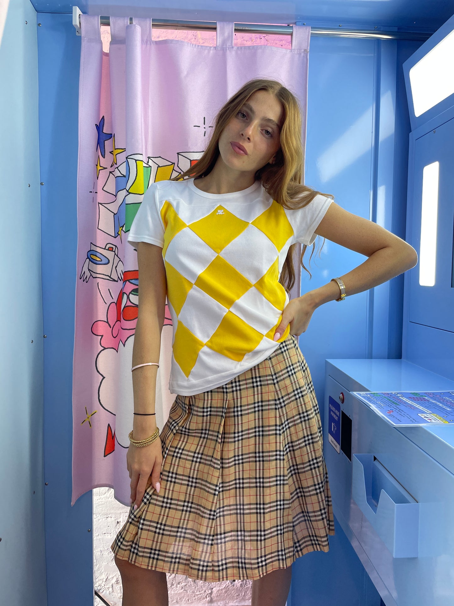 Courrèges Vintage Checker Print T-Shirt in Yellow & White