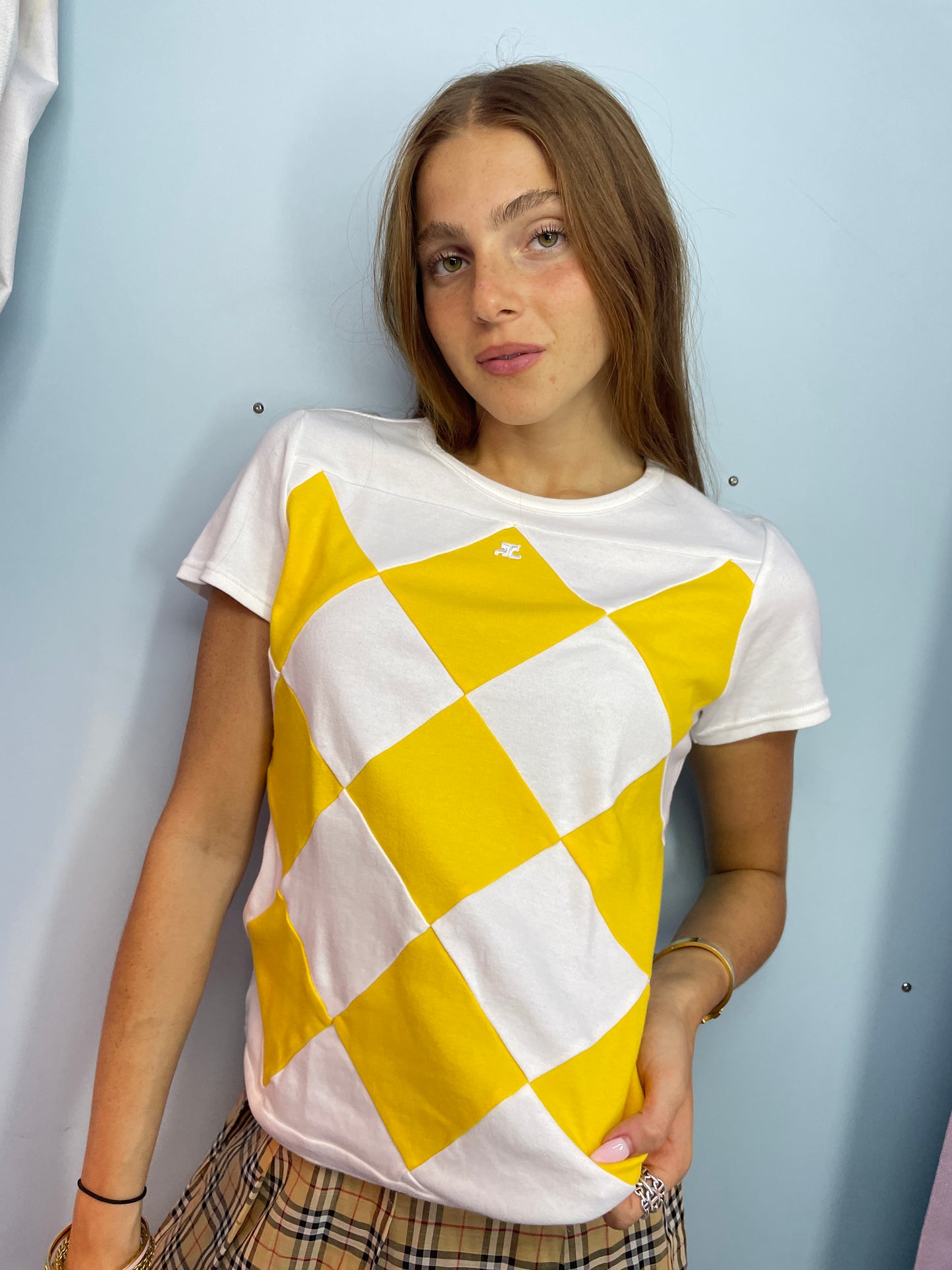 Courrèges Vintage Checker Print T-Shirt in Yellow & White