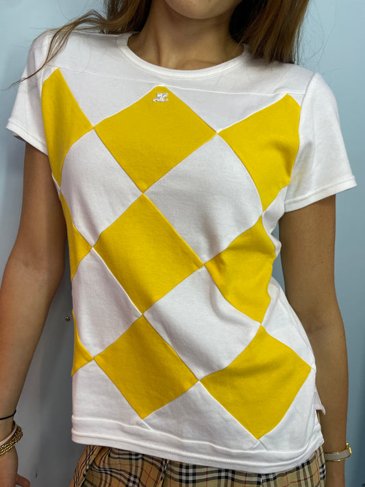 Courrèges Vintage Checker Print T-Shirt in Yellow & White