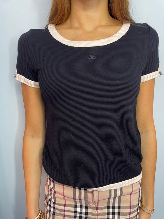 Courrèges Vintage Light Knit Top in Black with White Trim