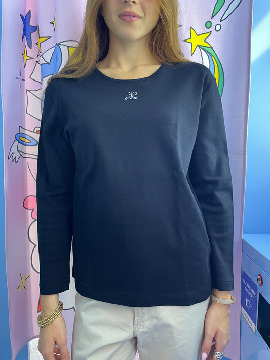 Courrèges Vintage Black Long-Sleeve Top with Rhinestone Logo