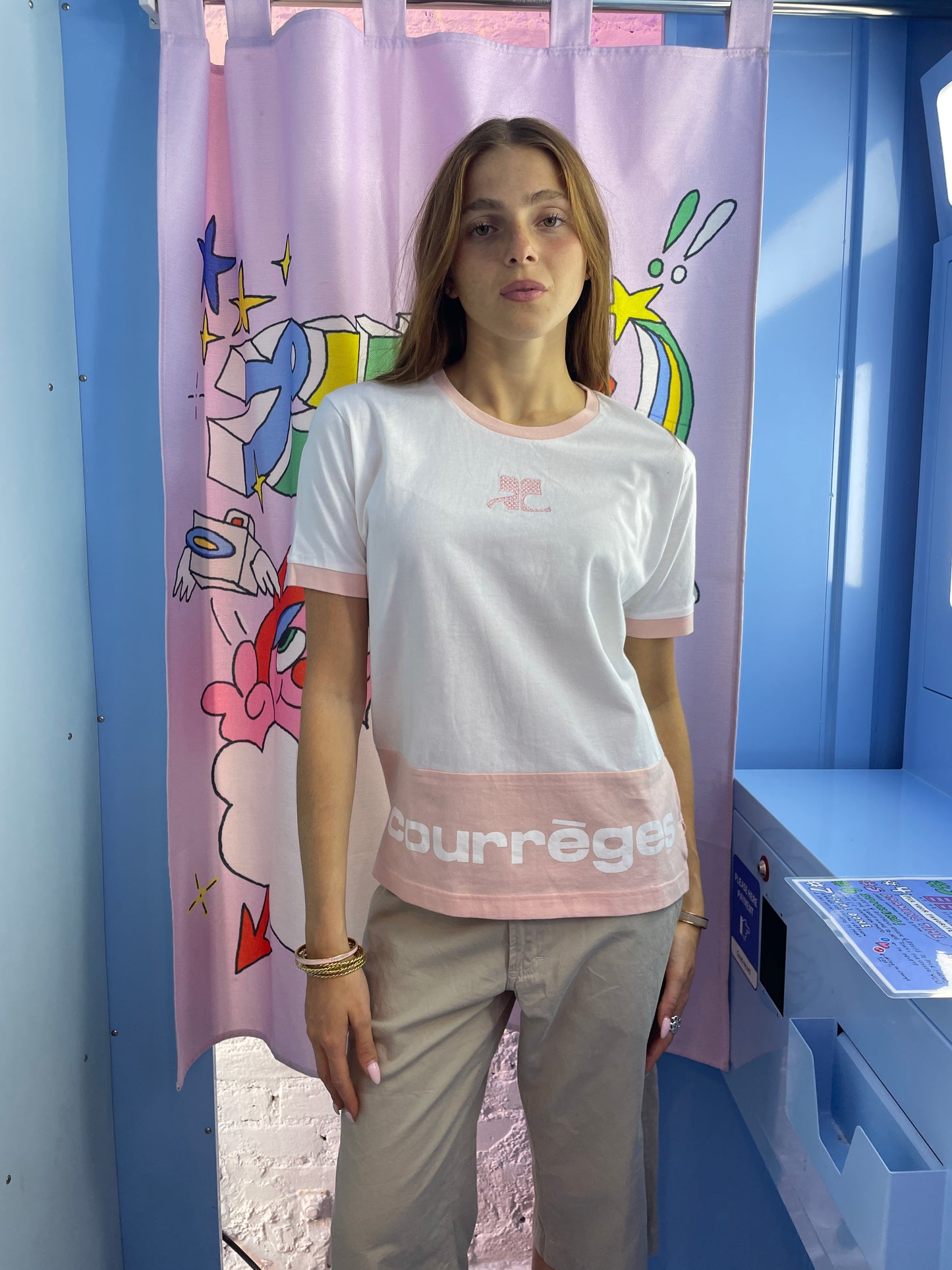 Courrèges Vintage White T-Shirt with Peach Pink Trim