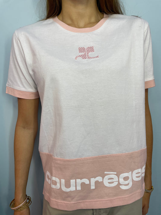Courrèges Vintage White T-Shirt with Peach Pink Trim