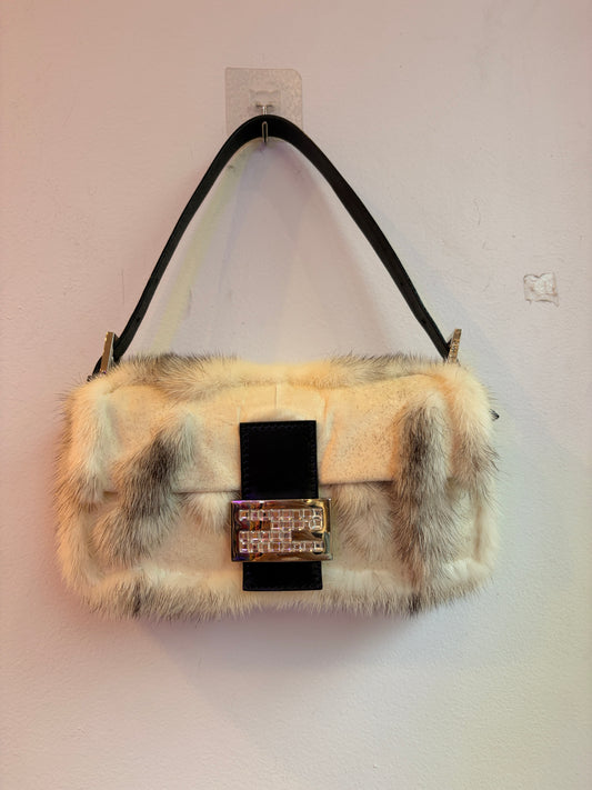 Fendi White Mink Patchwork Baguette