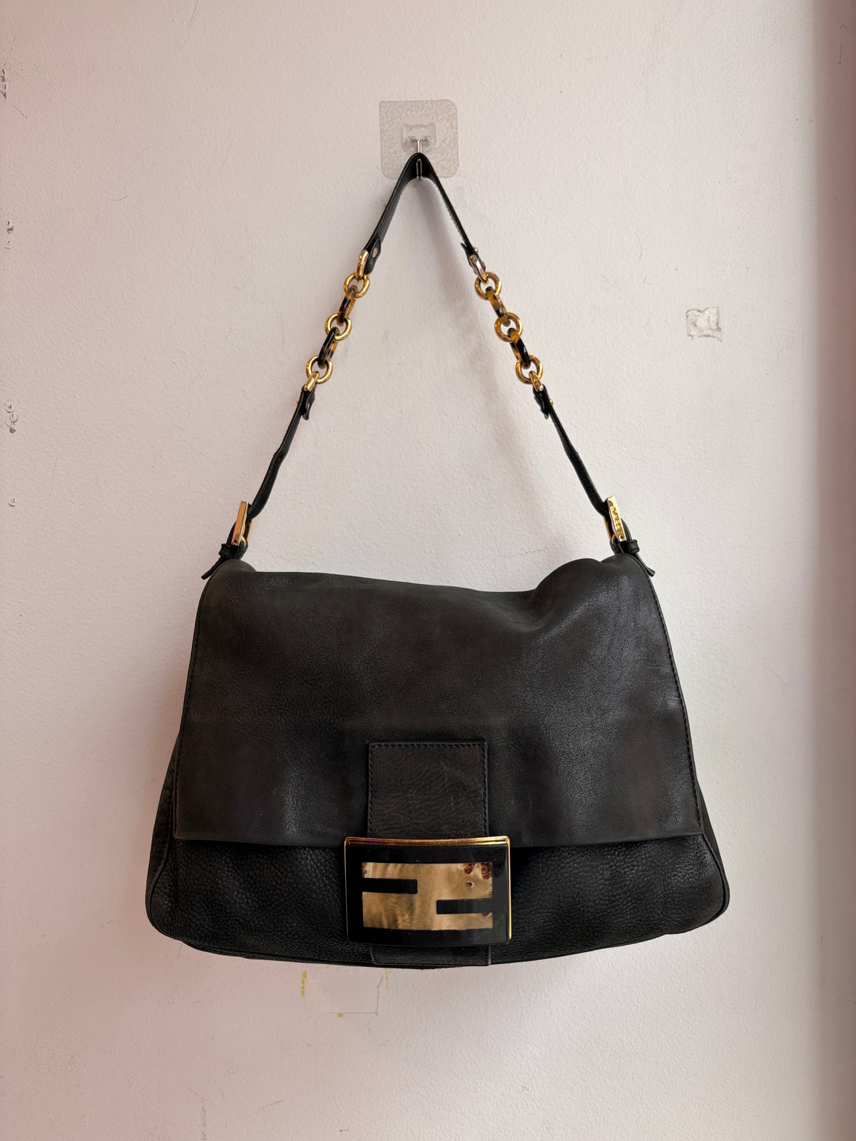 Fendi Y2K Shimmer Mamma Baguette XL Black Leather Shoulder Bag