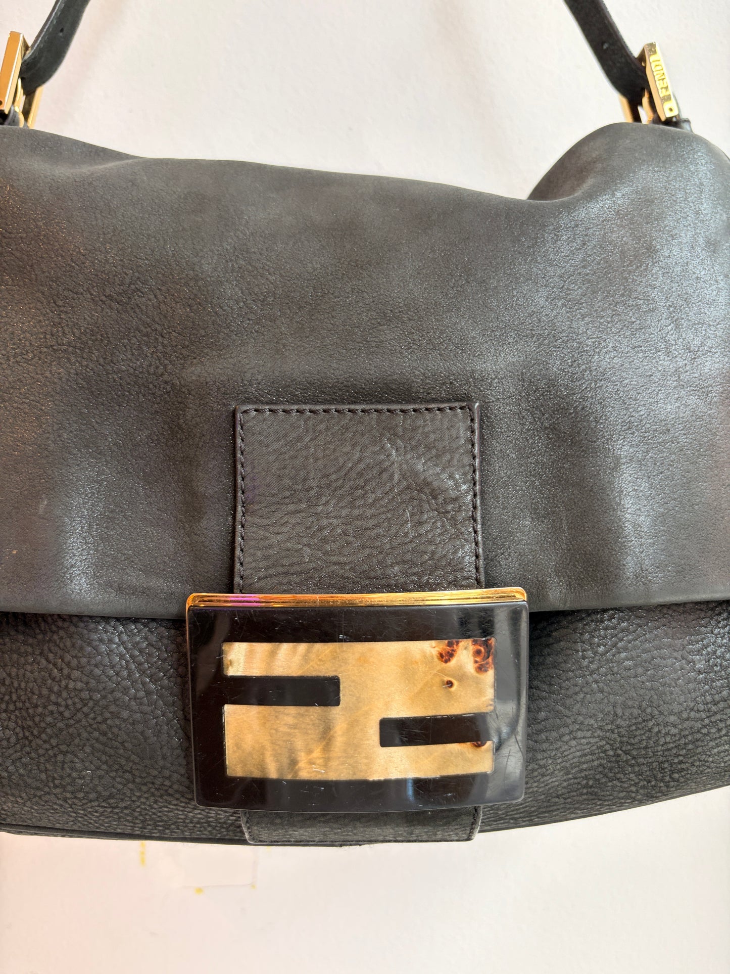 Fendi Y2K Shimmer Mamma Baguette XL Black Leather Shoulder Bag