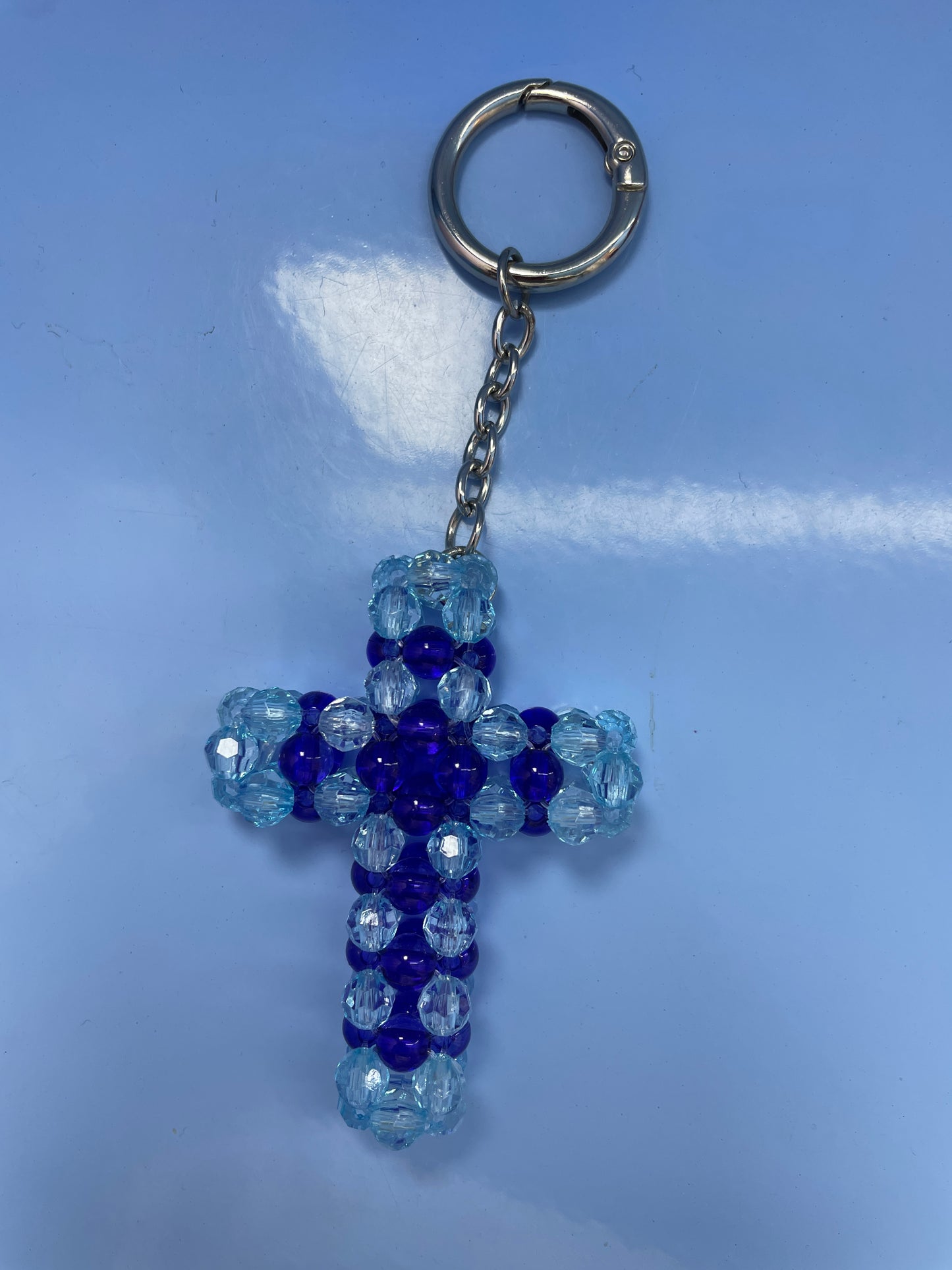 Blue Cross Beaded Keychain