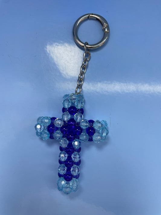 Blue Cross Beaded Keychain
