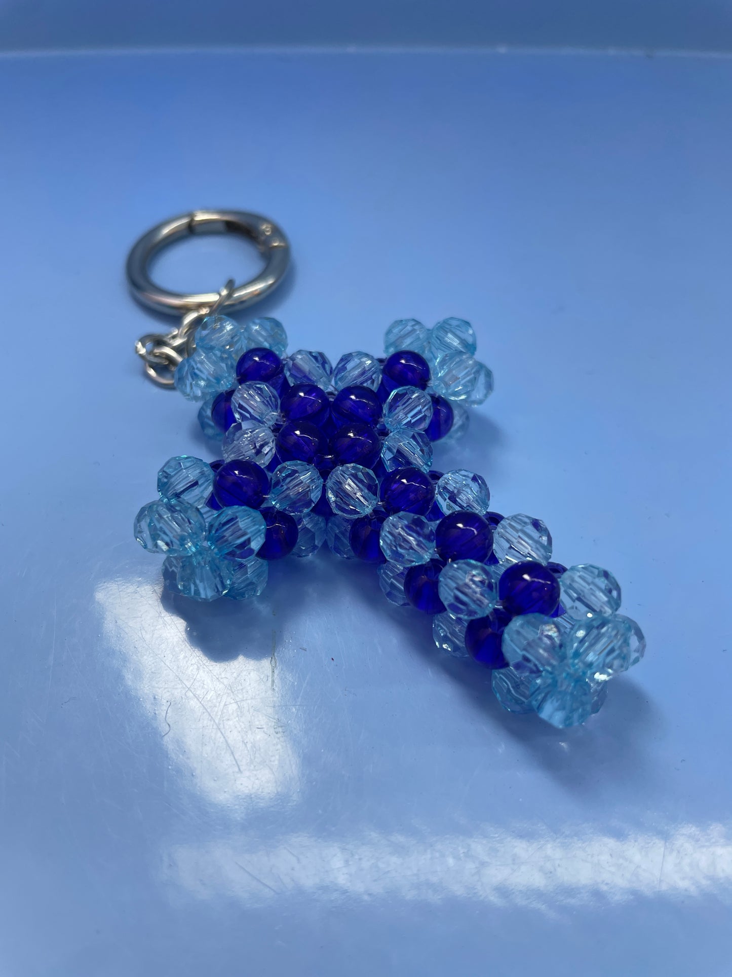 Blue Cross Beaded Keychain