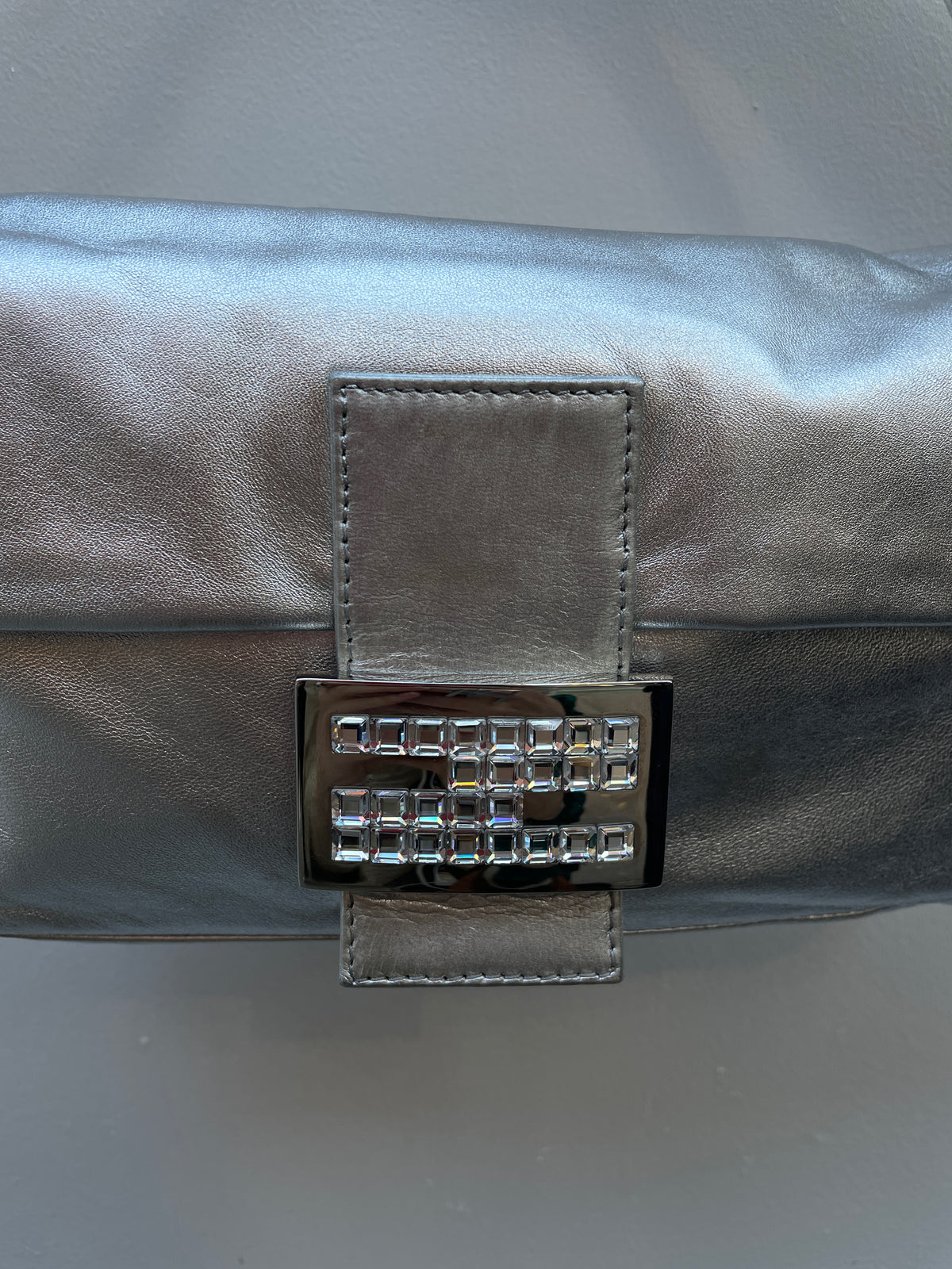 Fendi Y2K Silver Metallic Crystal Buckle Baguette Shoulder Bag