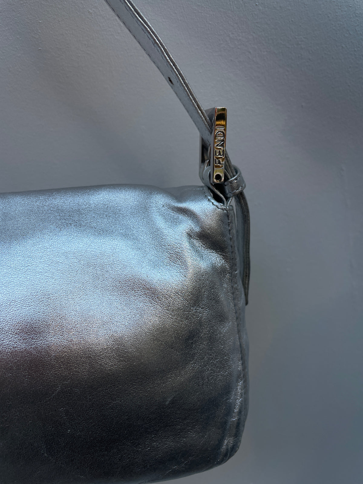 Fendi Y2K Silver Metallic Crystal Buckle Baguette Shoulder Bag
